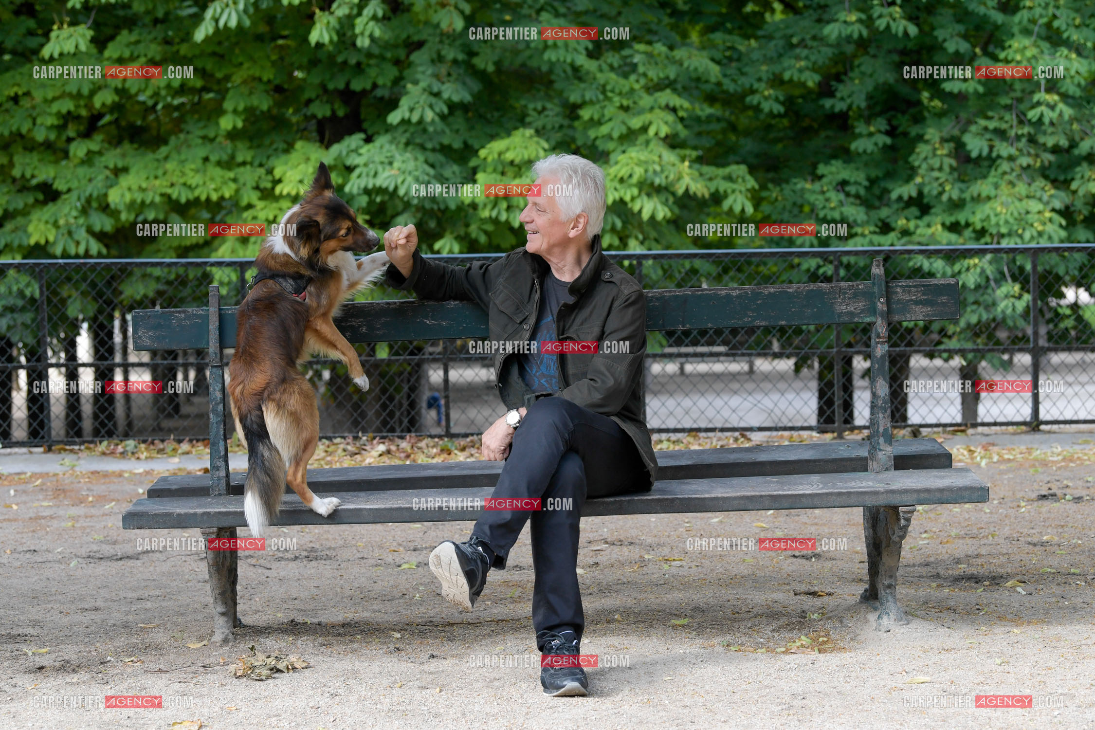 Le chanteur Gérard Lenorman présente son nouveau chien Tilou un berger croisé au jardin des Tuileries à Paris. ( Exclusif )