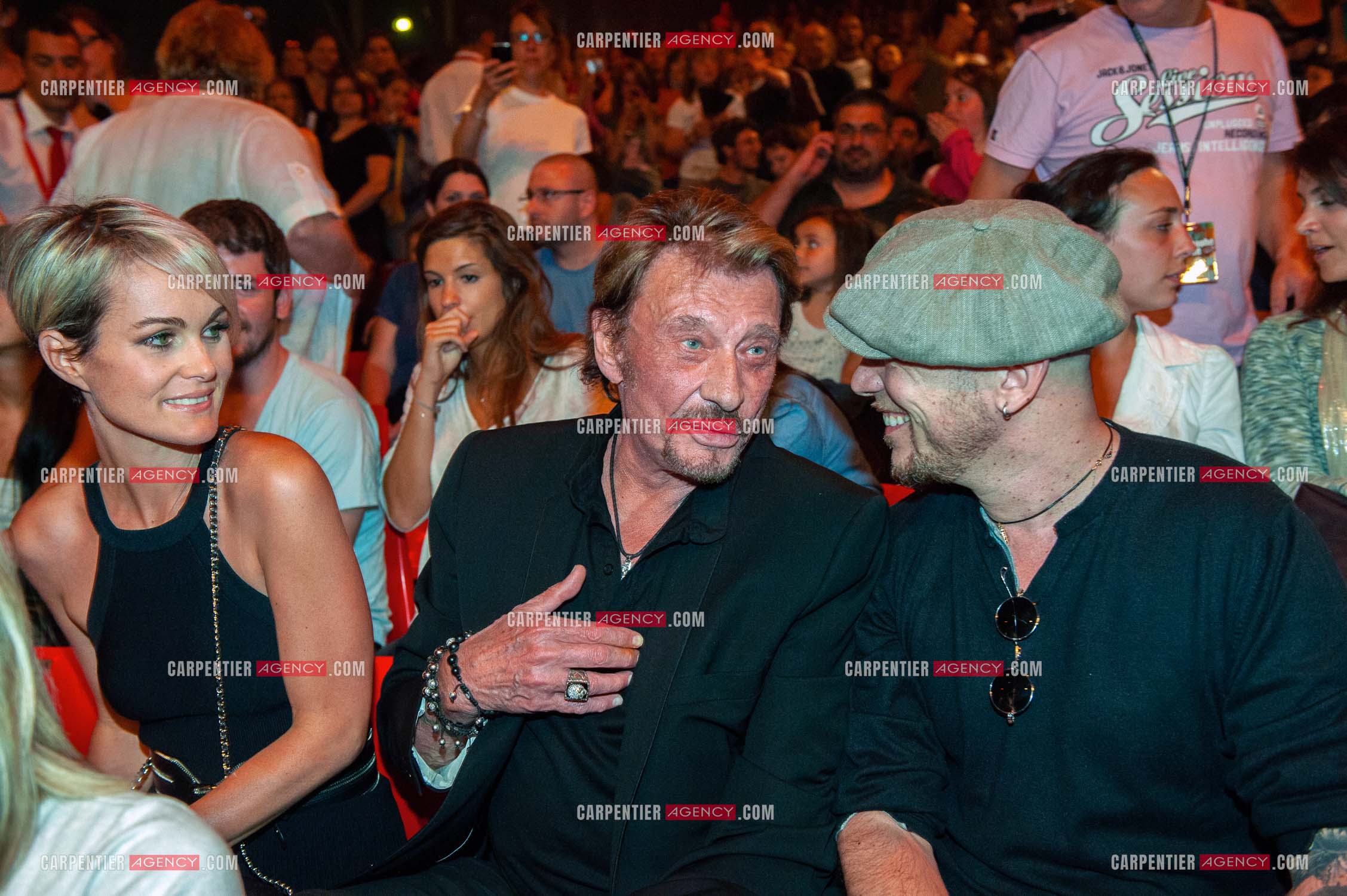 Le chanteur Johnny Hallyday accompagné de son épouse Laeticia et de Pascal Obispo au Zénith de Paris pour assister au concert de son ami Christophe Maé.                       ( Exclusif )