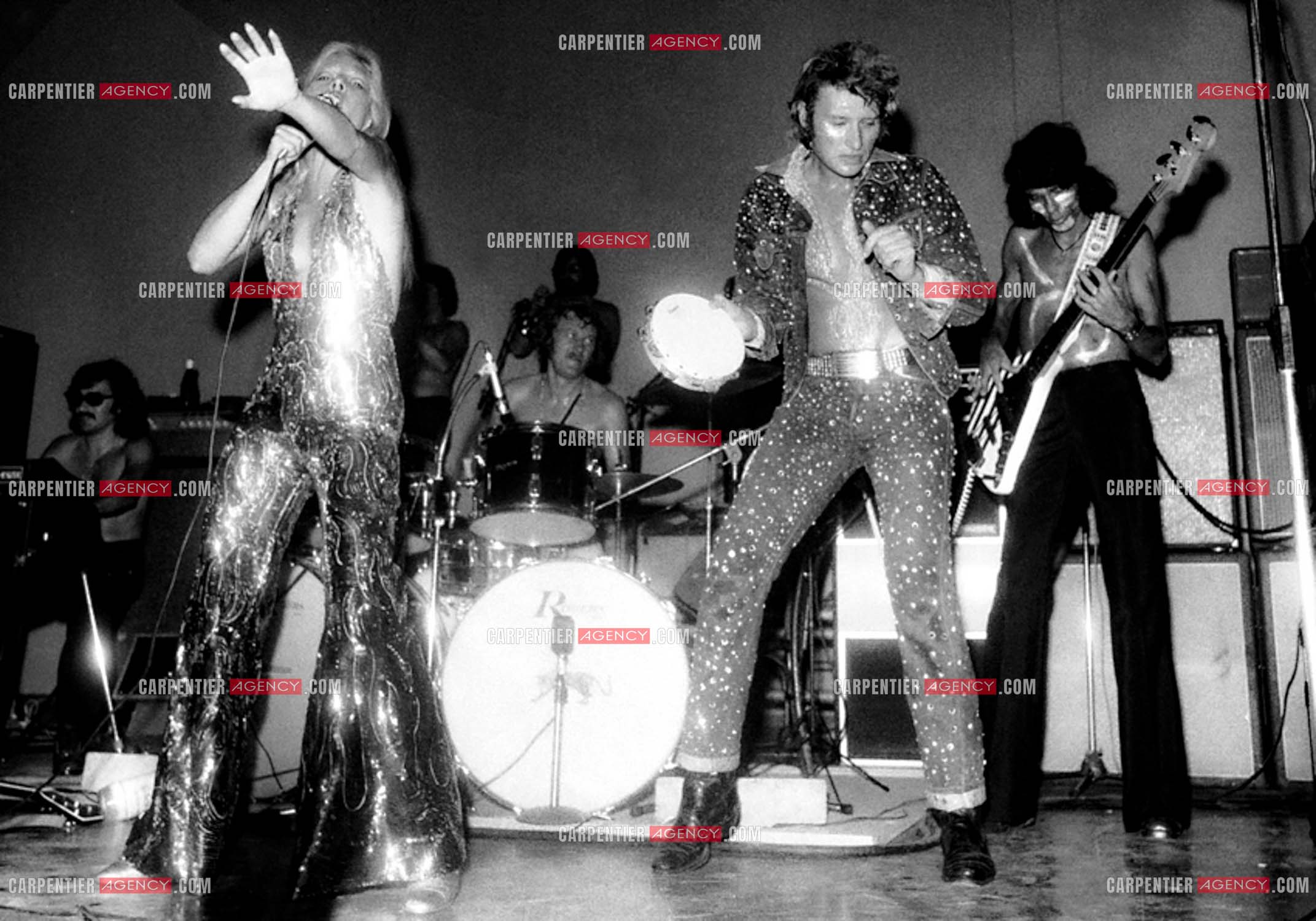 Le chanteur Johnny Hallyday en concert avec sa femme Sylvie Vartan en 1973.