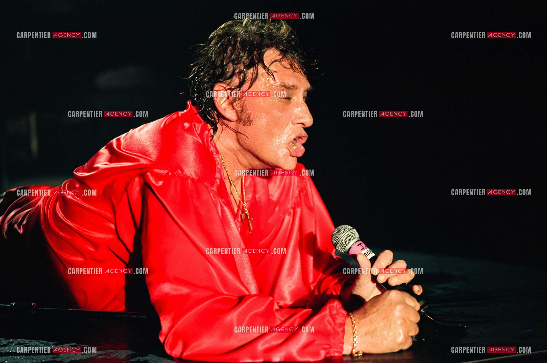 Le chanteur Johnny Hallyday fête son anniversaire de ses 50 ans avec ses fans sur trois soirs de concert au Parc des Princes à Paris en 1993.