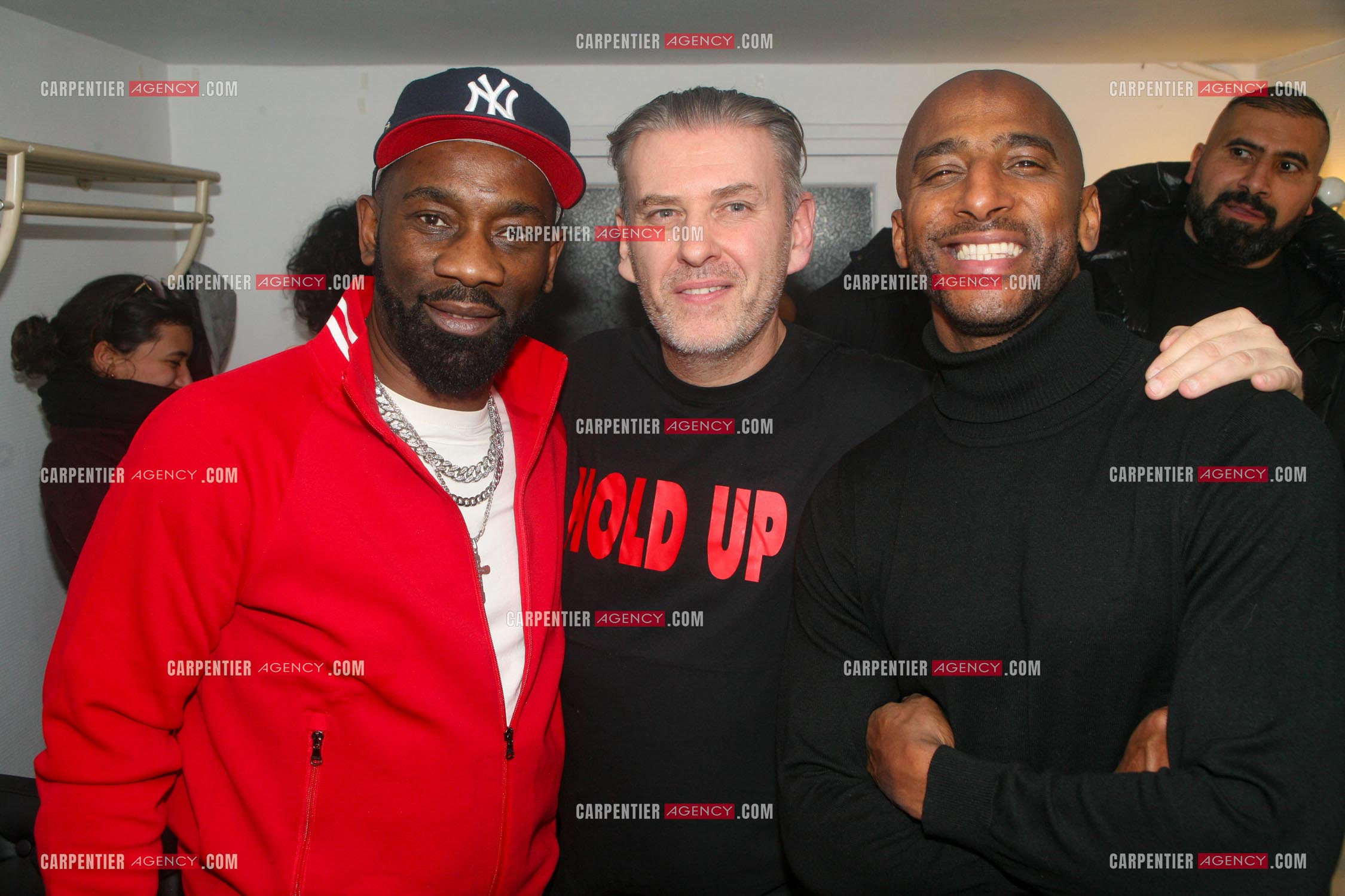 Première de la comédie musicale “ HOLD UP “ inspirée de la vie de David Desclos au Théâtre du Gymnase Marie Bell à Paris le 19 janvier 2024. Les artistes principaux:  David Desclos, Stomy Bugsy, Passi, Calbo Arsenik, Emma Zimerman, Dans les loges, le rappeur Passi, David Desclos et Stomy Bugsy.                               ( Exclusif )