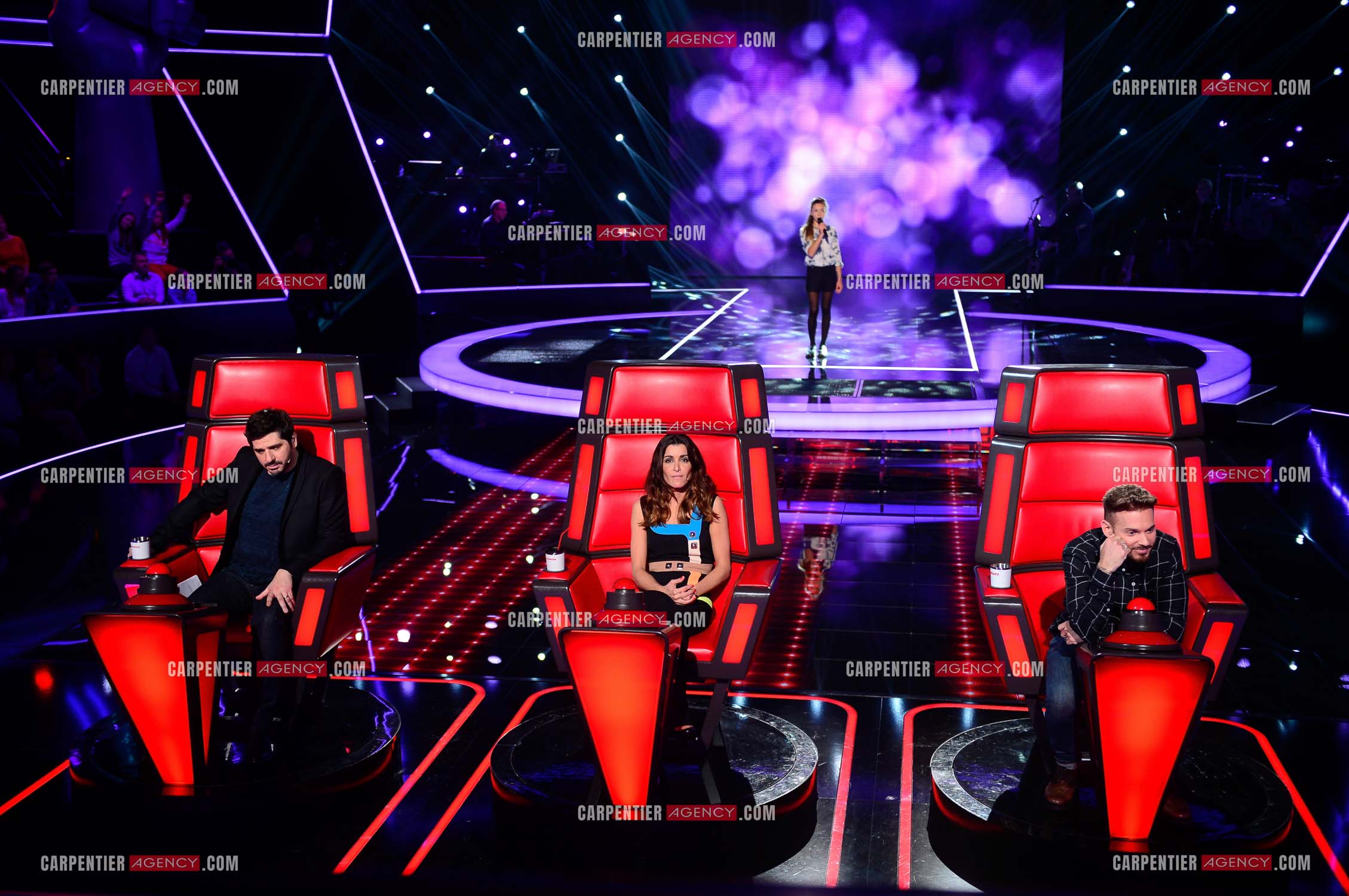 Saison 3 de l'émission The Voice Kids en 2015. Les trois coachs de cette saison, Patrick Fiori, Jenifer et Matt Pokora.        ( Exclusif )