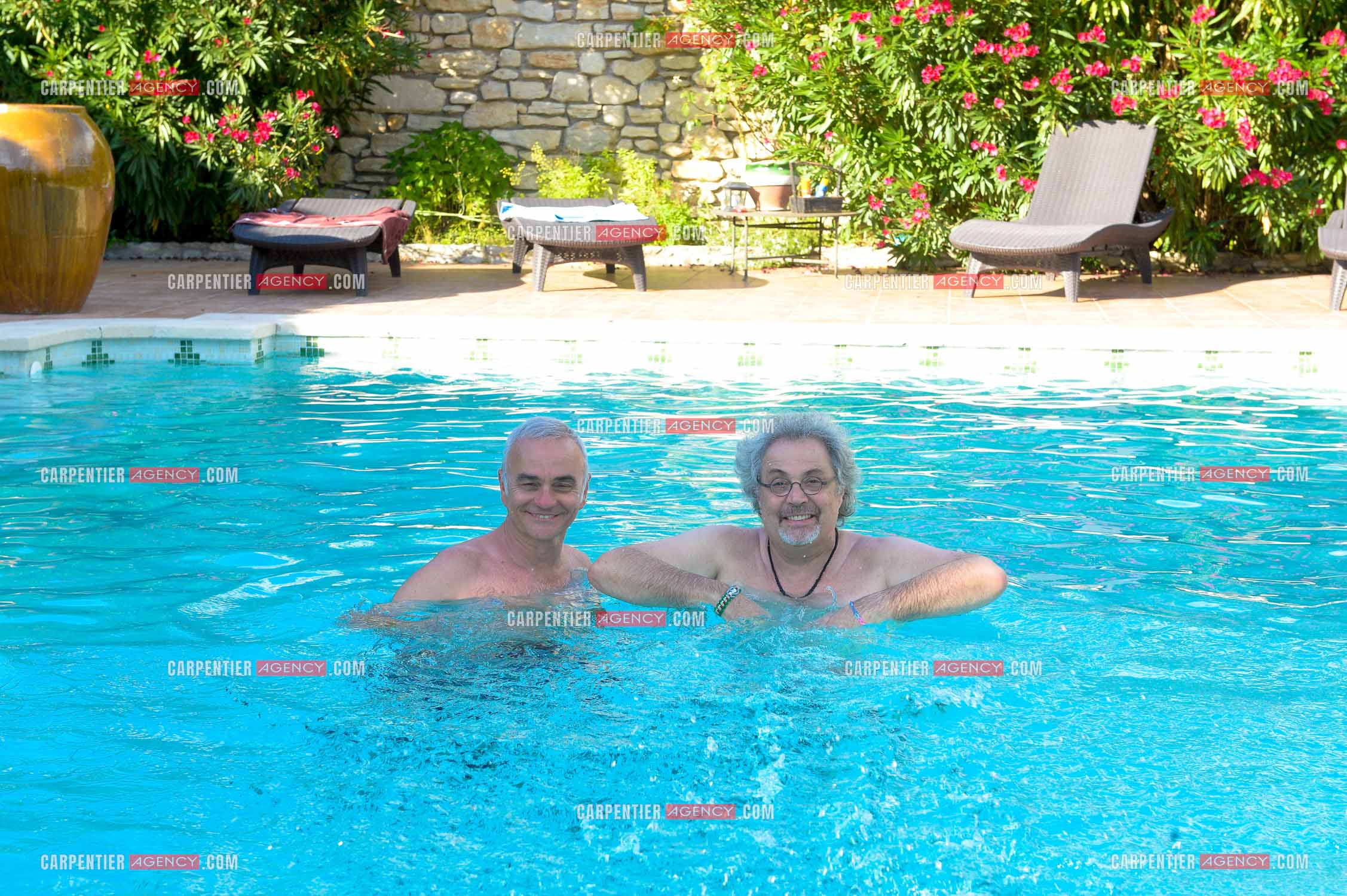 Jean-pierre Mader en vacances chez Patrick Hernandez dans le Vaucluse  près d'Avignon le 7 Août 2014.  ( Exclusif )