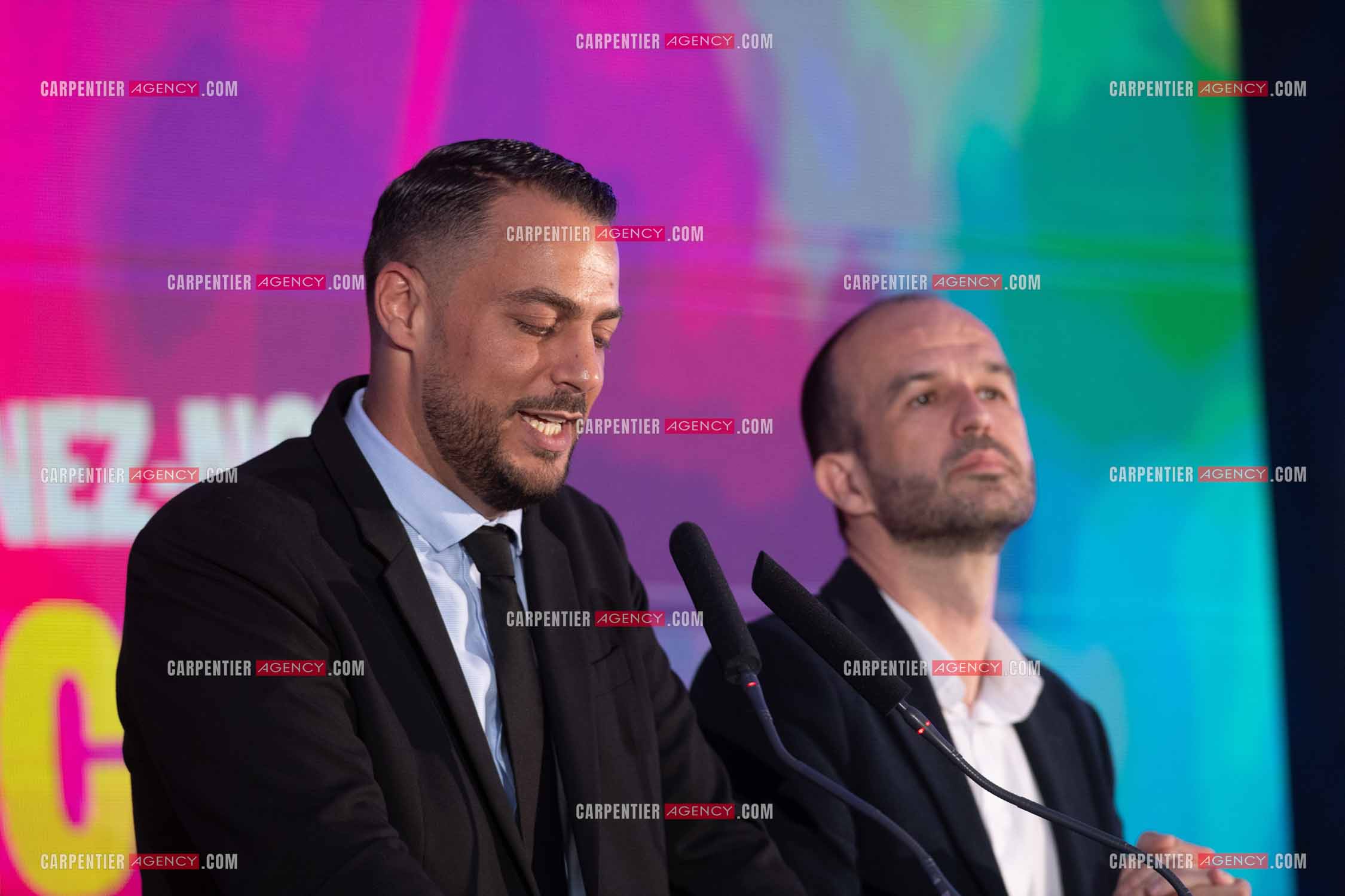 Meeting de l’Union populaire à Marseille le 23 mai 2024. Le député dans la 7ème circonscription des Bouches-du-Rhône Sébastien Delogu et le secrétaire national du Parti de gauche Manuel Bompard.