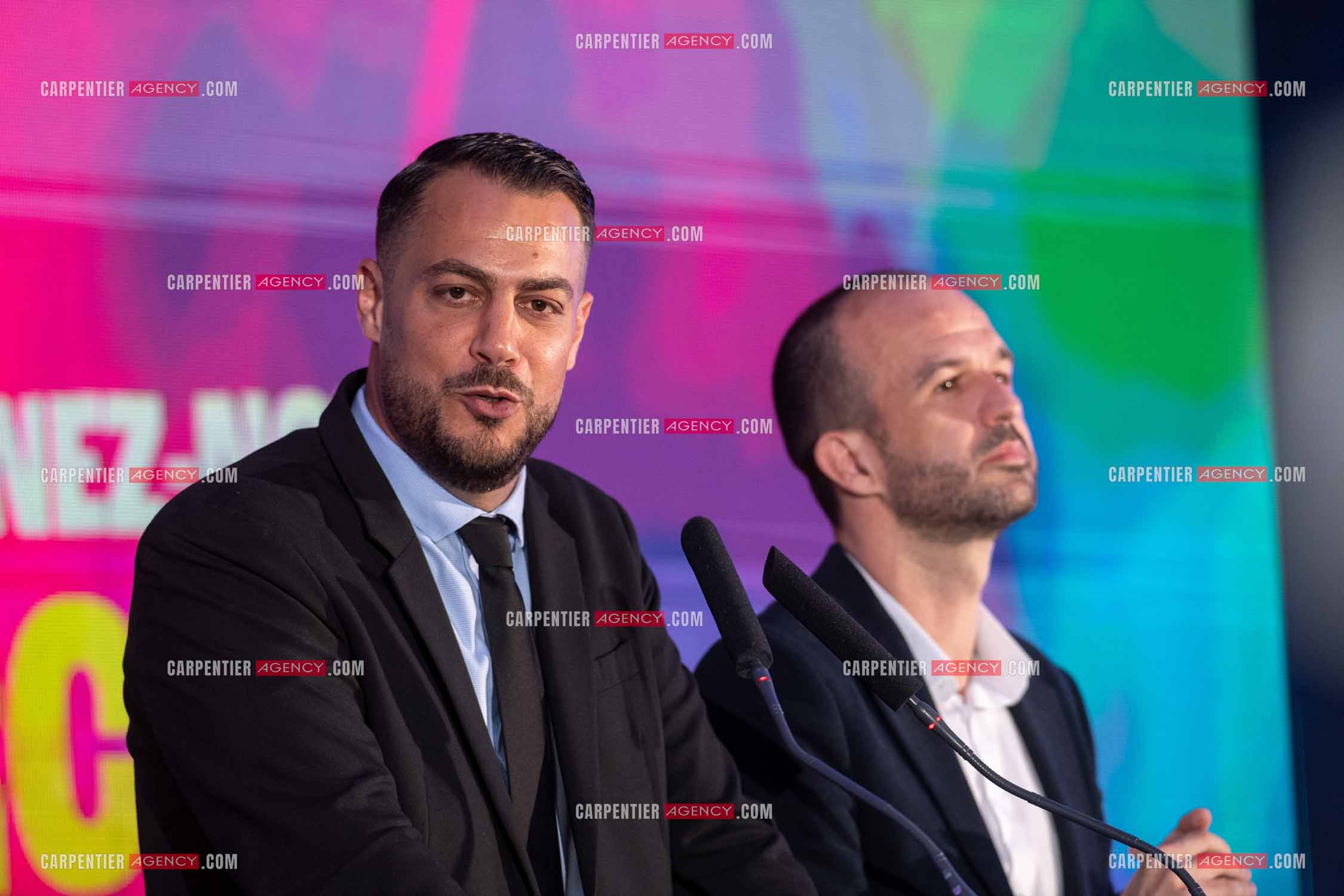 Meeting de l’Union populaire à Marseille le 23 mai 2024. Le député dans la 7ème circonscription des Bouches-du-Rhône Sébastien Delogu et le secrétaire national du Parti de gauche Manuel Bompard.