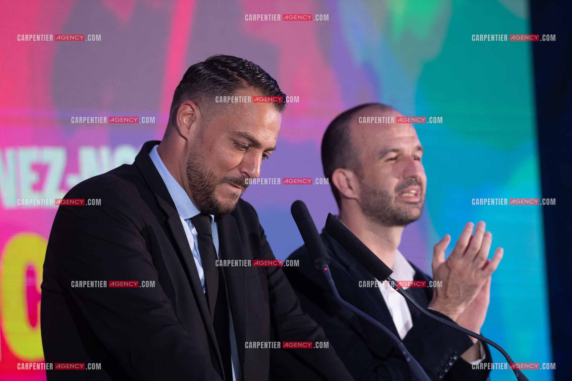 Meeting de l’Union populaire à Marseille le 23 mai 2024. Le député dans la 7ème circonscription des Bouches-du-Rhône Sébastien Delogu et le secrétaire national du Parti de gauche Manuel Bompard.
