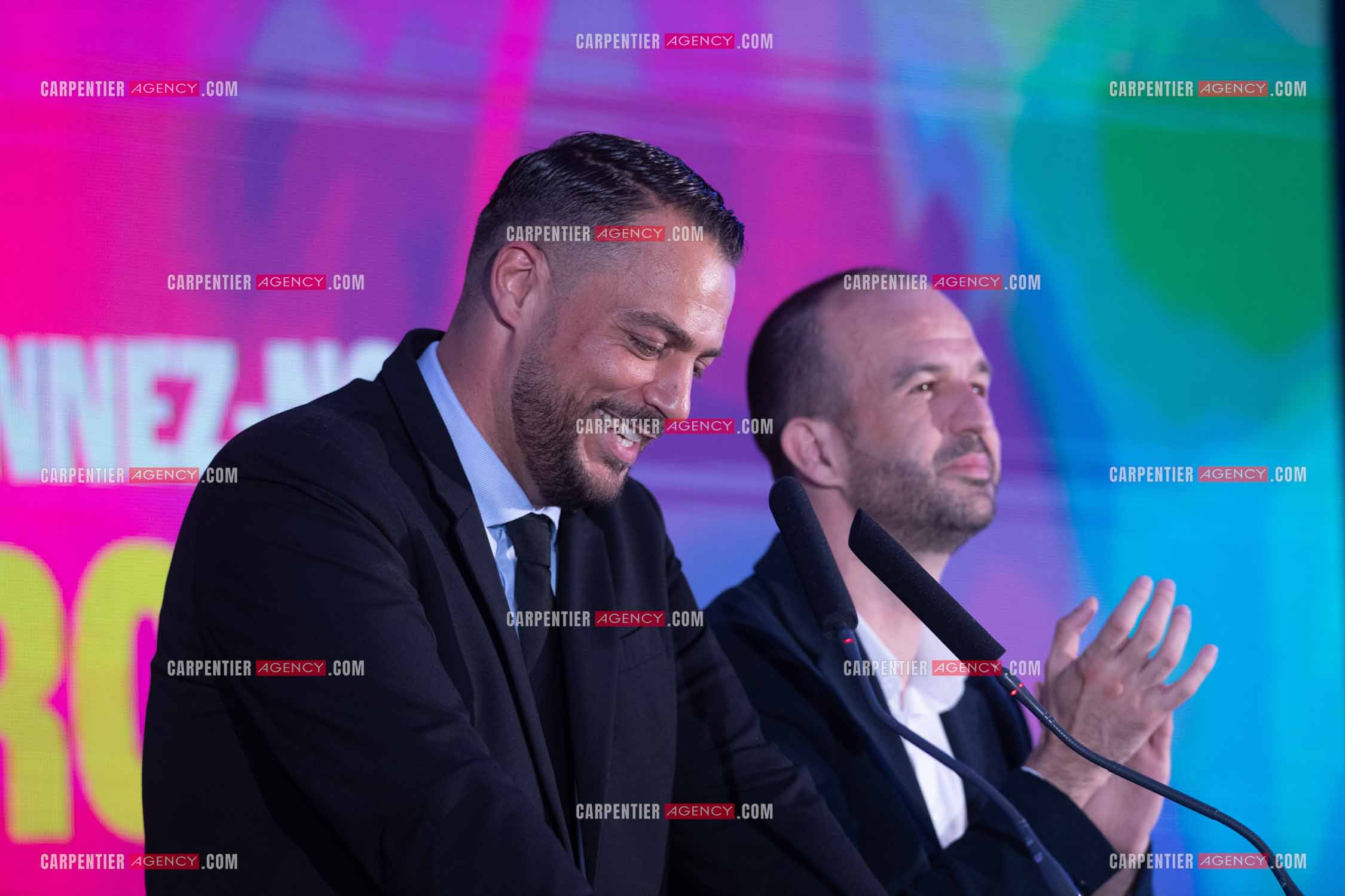 Meeting de l’Union populaire à Marseille le 23 mai 2024. Le député dans la 7ème circonscription des Bouches-du-Rhône Sébastien Delogu et le secrétaire national du Parti de gauche Manuel Bompard.