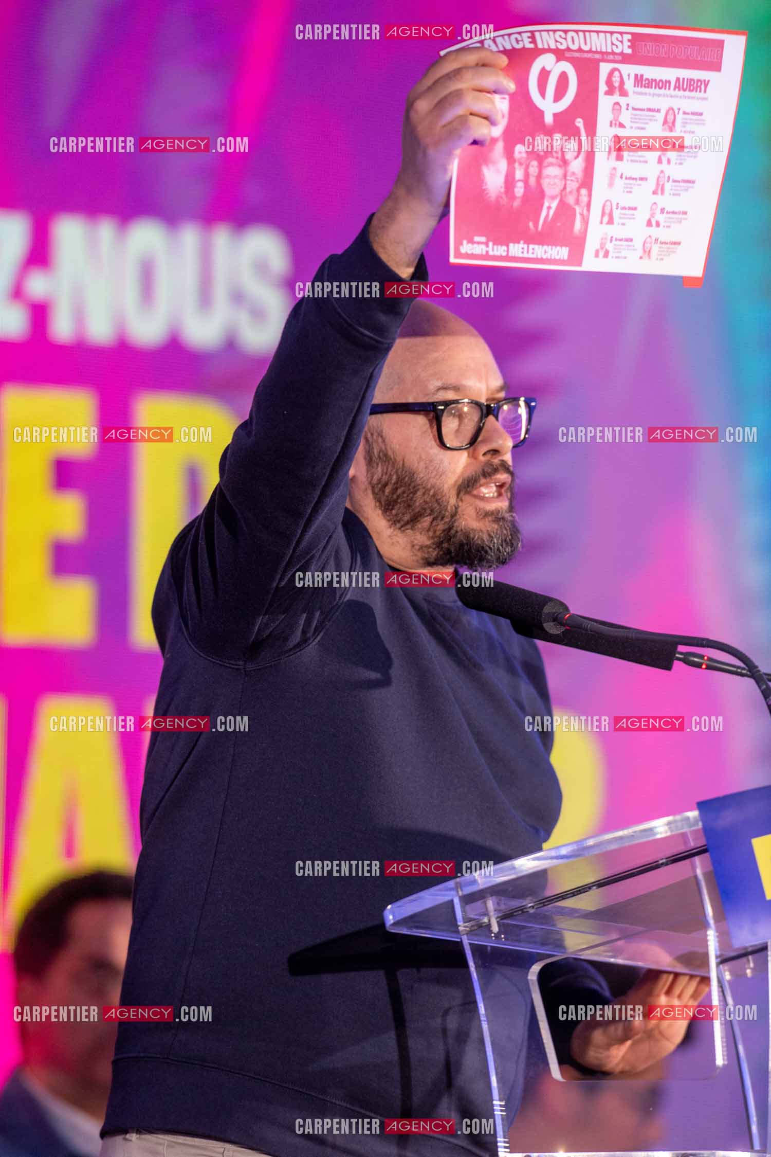 Meeting de l’Union populaire à Marseille le 23 mai 2024.  L’Insoumis Mohamed Bensaada.