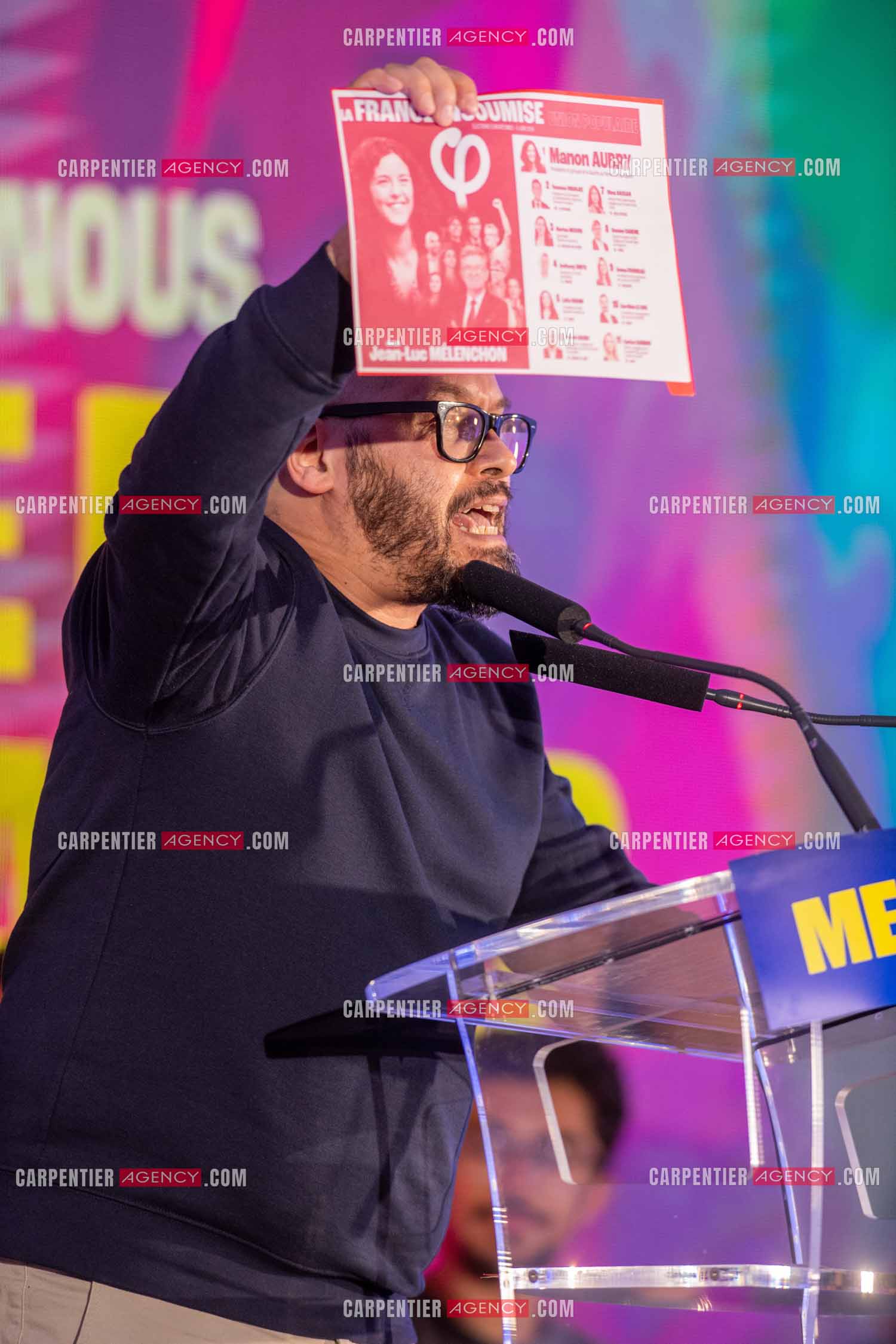 Meeting de l’Union populaire à Marseille le 23 mai 2024.  L’Insoumis Mohamed Bensaada.
