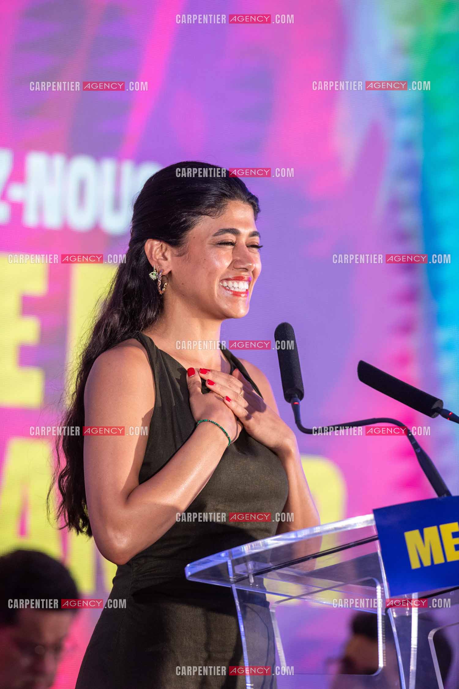 Meeting de l’Union populaire à Marseille le 23 mai 2024. La juriste française d'origine palestinienne Rima Hassan.