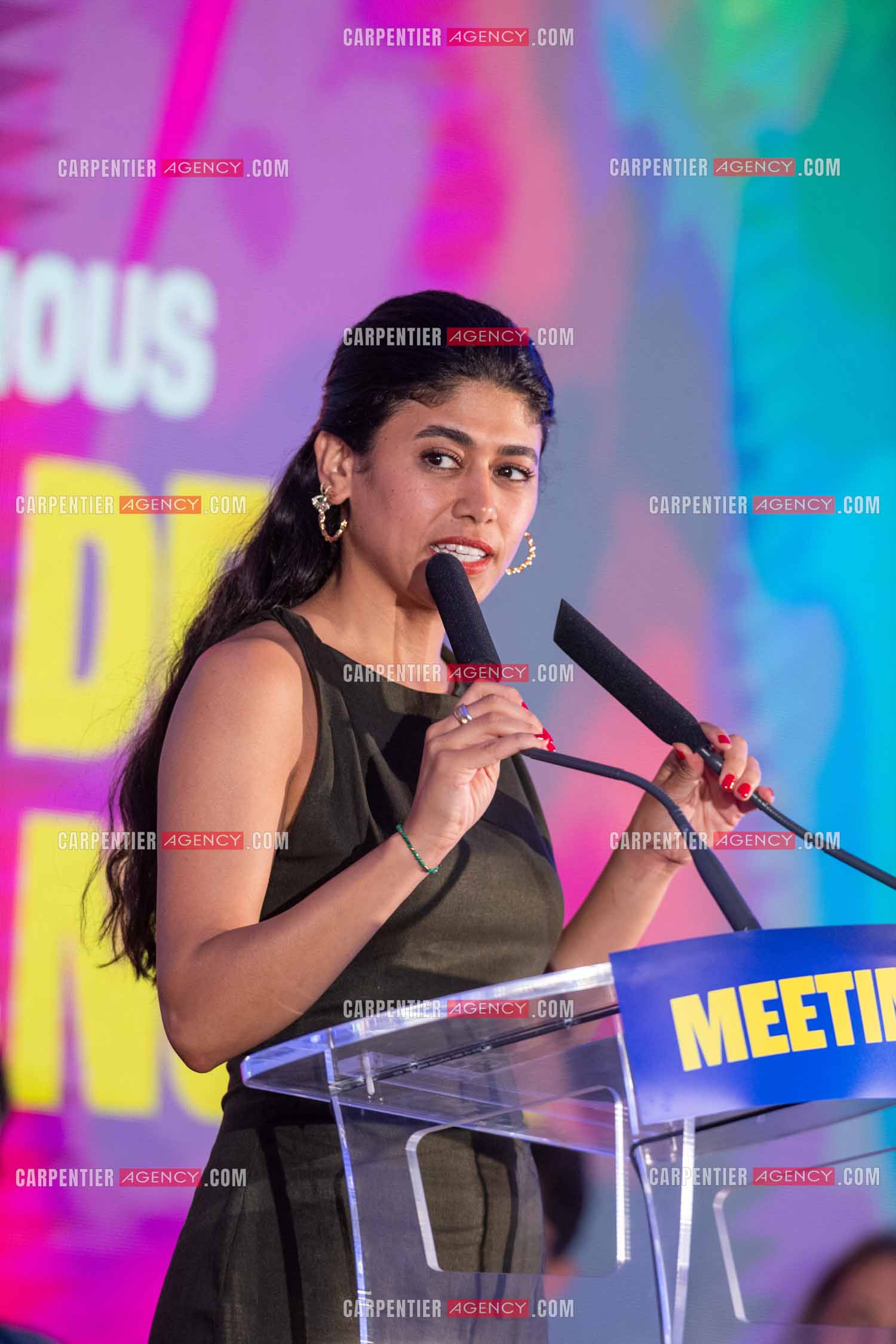 Meeting de l’Union populaire à Marseille le 23 mai 2024. La juriste française d'origine palestinienne Rima Hassan.