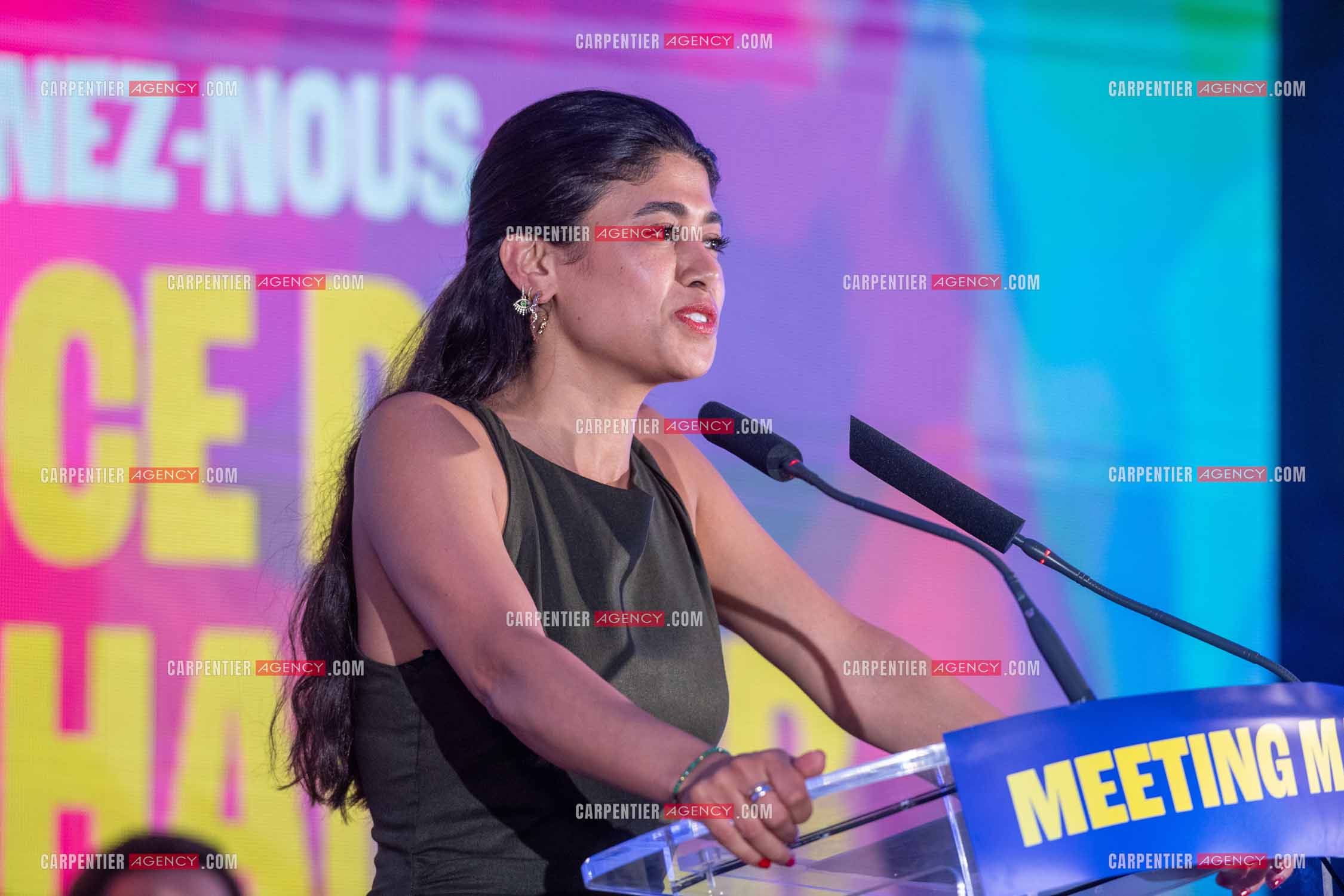 Meeting de l’Union populaire à Marseille le 23 mai 2024. La juriste française d'origine palestinienne Rima Hassan.