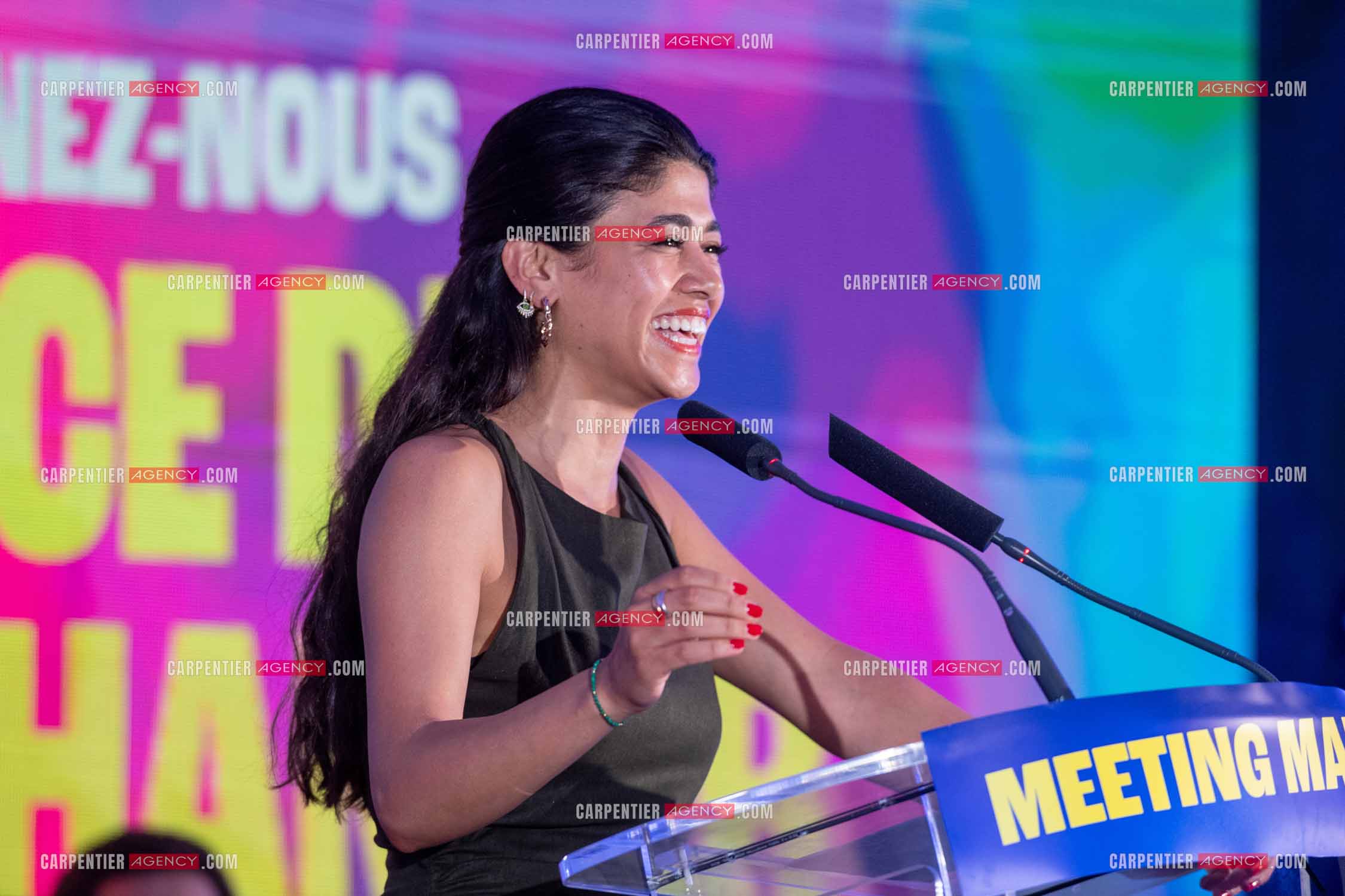 Meeting de l’Union populaire à Marseille le 23 mai 2024. La juriste française d'origine palestinienne Rima Hassan.