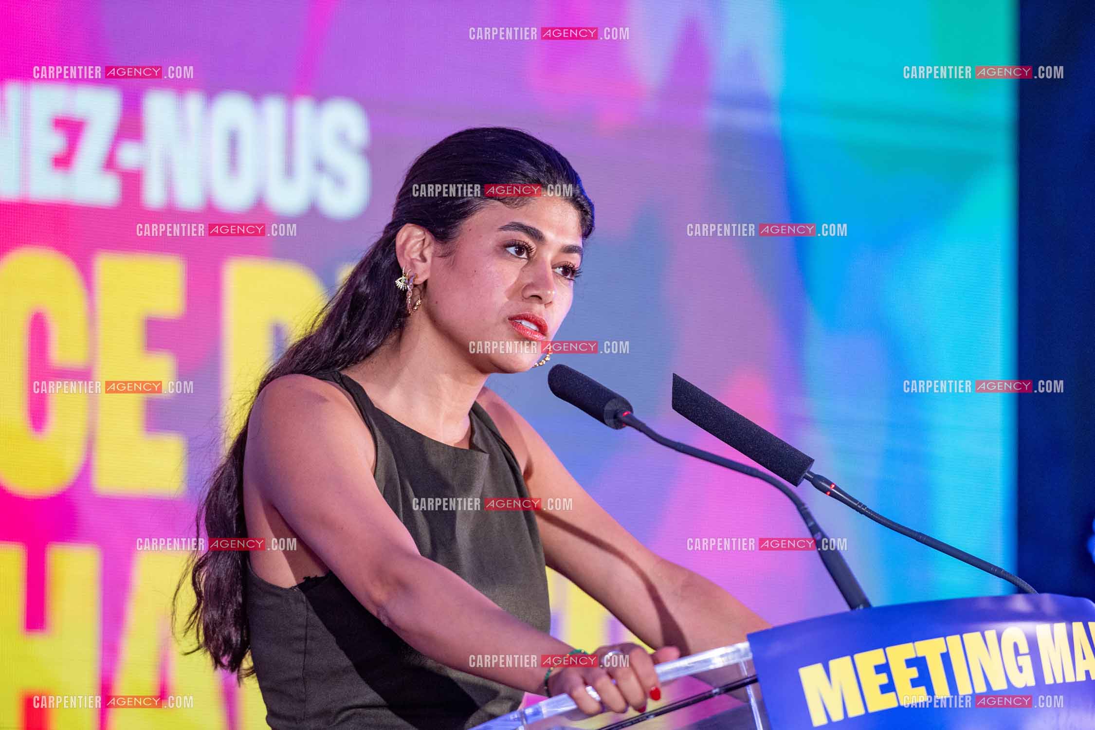 Meeting de l’Union populaire à Marseille le 23 mai 2024. La juriste française d'origine palestinienne Rima Hassan.