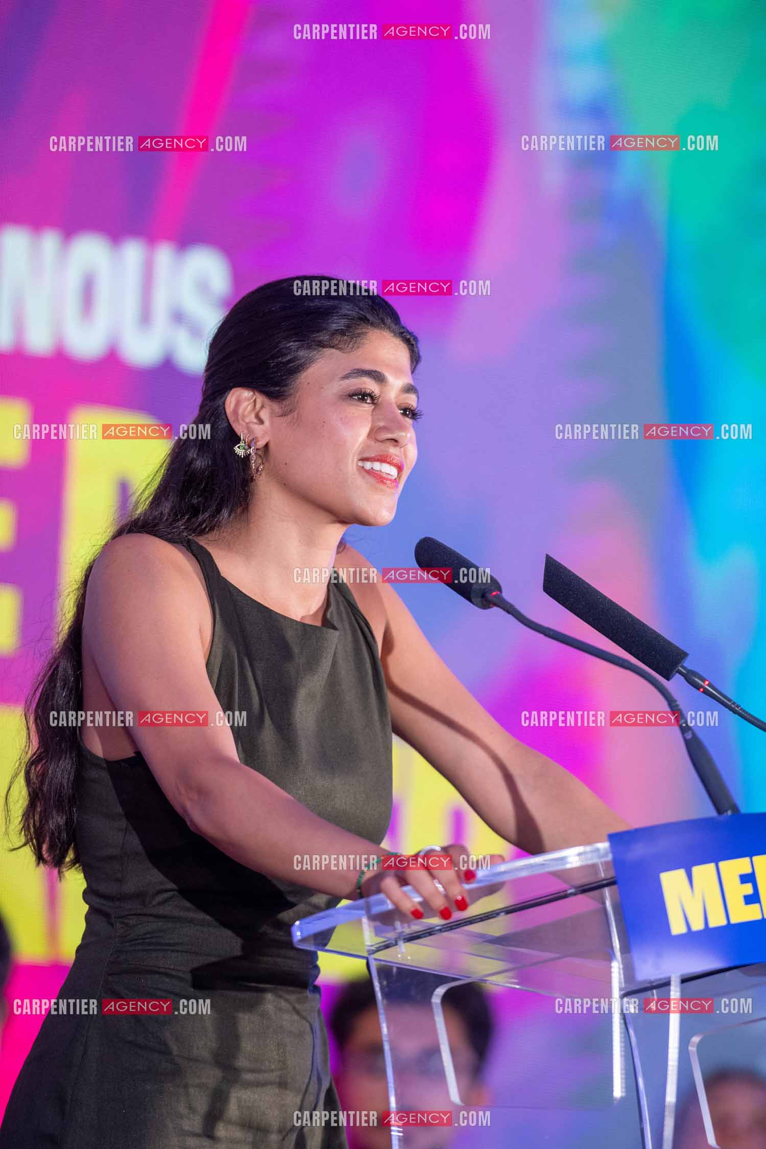 Meeting de l’Union populaire à Marseille le 23 mai 2024. La juriste française d'origine palestinienne Rima Hassan.