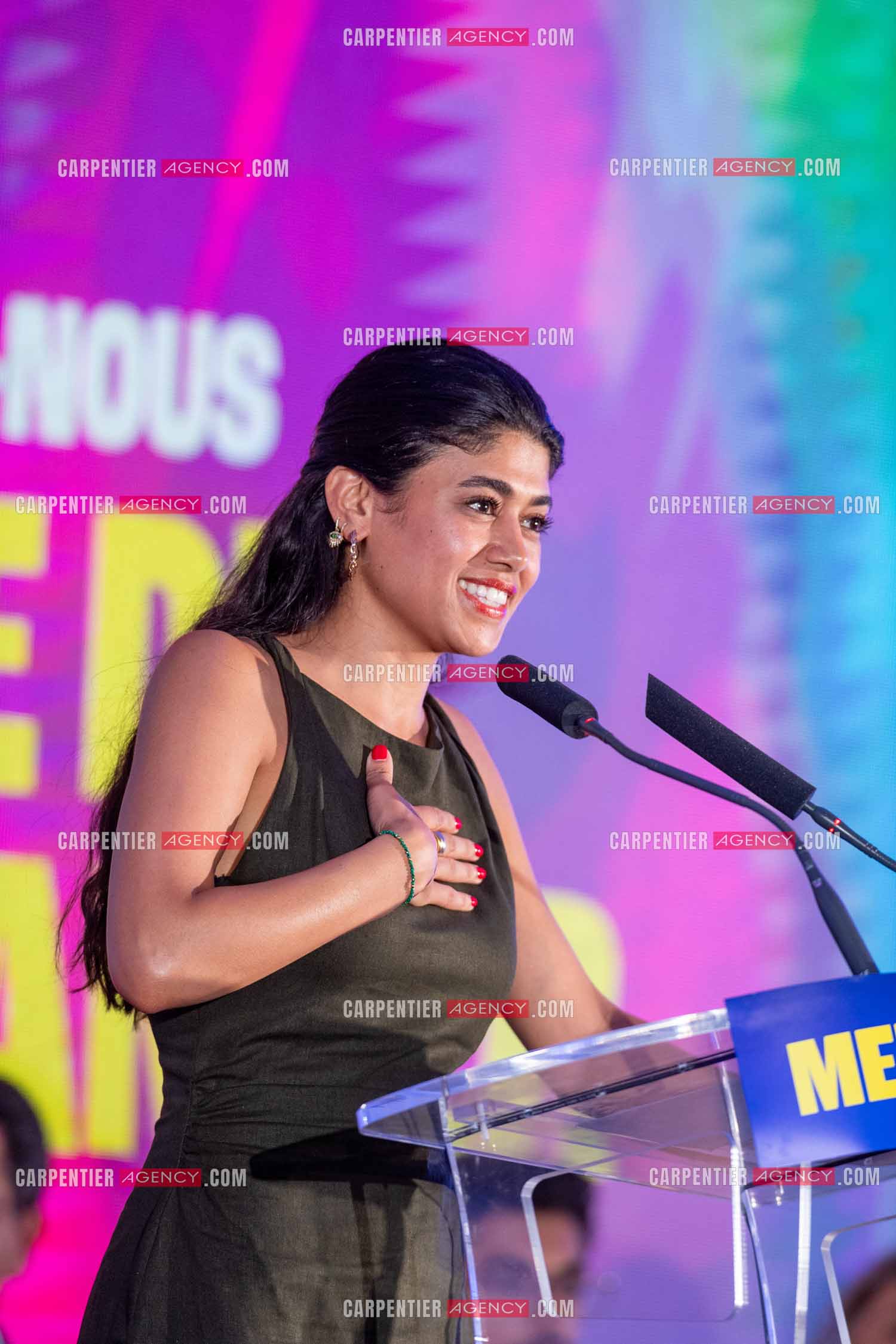 Meeting de l’Union populaire à Marseille le 23 mai 2024. La juriste française d'origine palestinienne Rima Hassan.