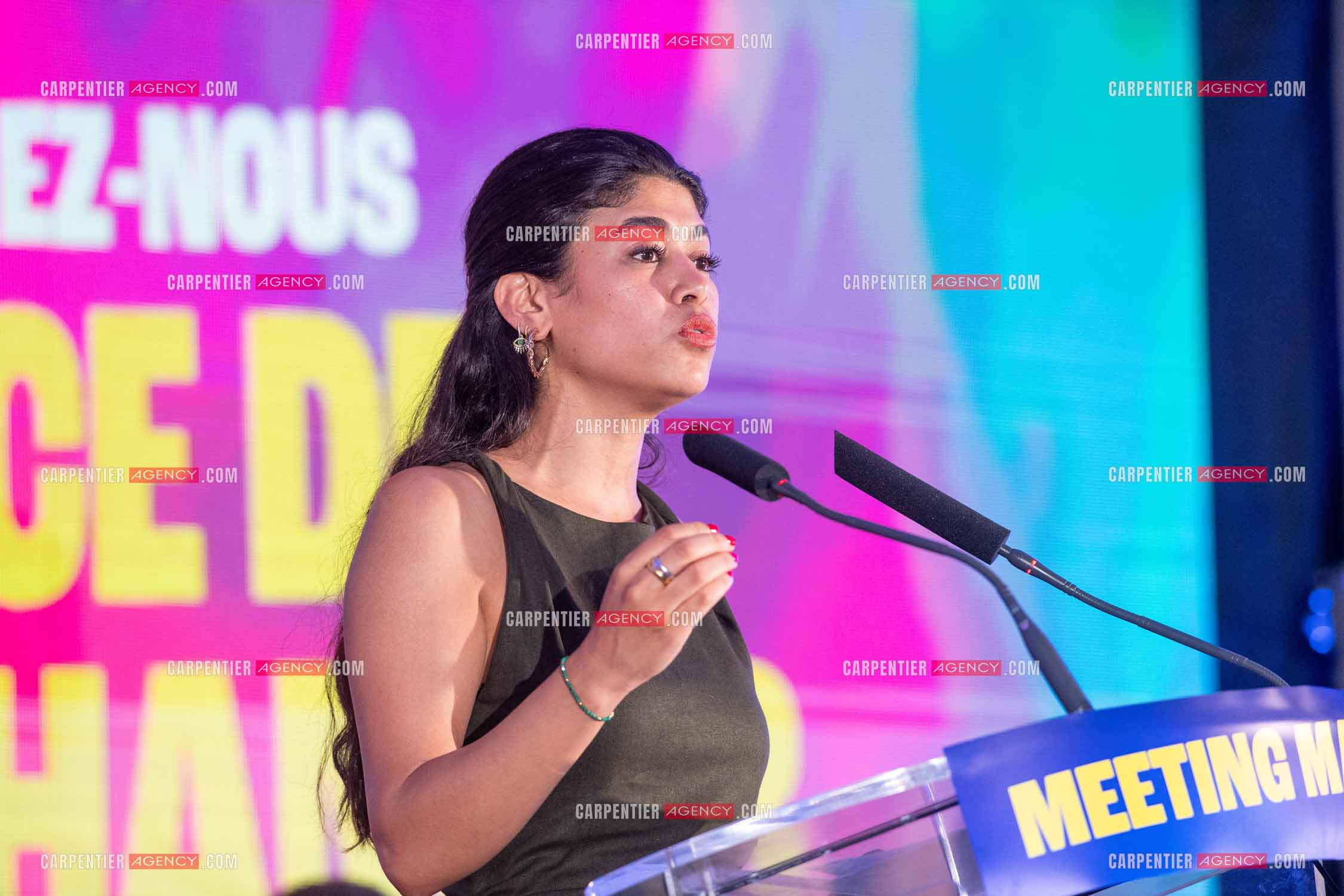 Meeting de l’Union populaire à Marseille le 23 mai 2024. La juriste française d'origine palestinienne Rima Hassan.