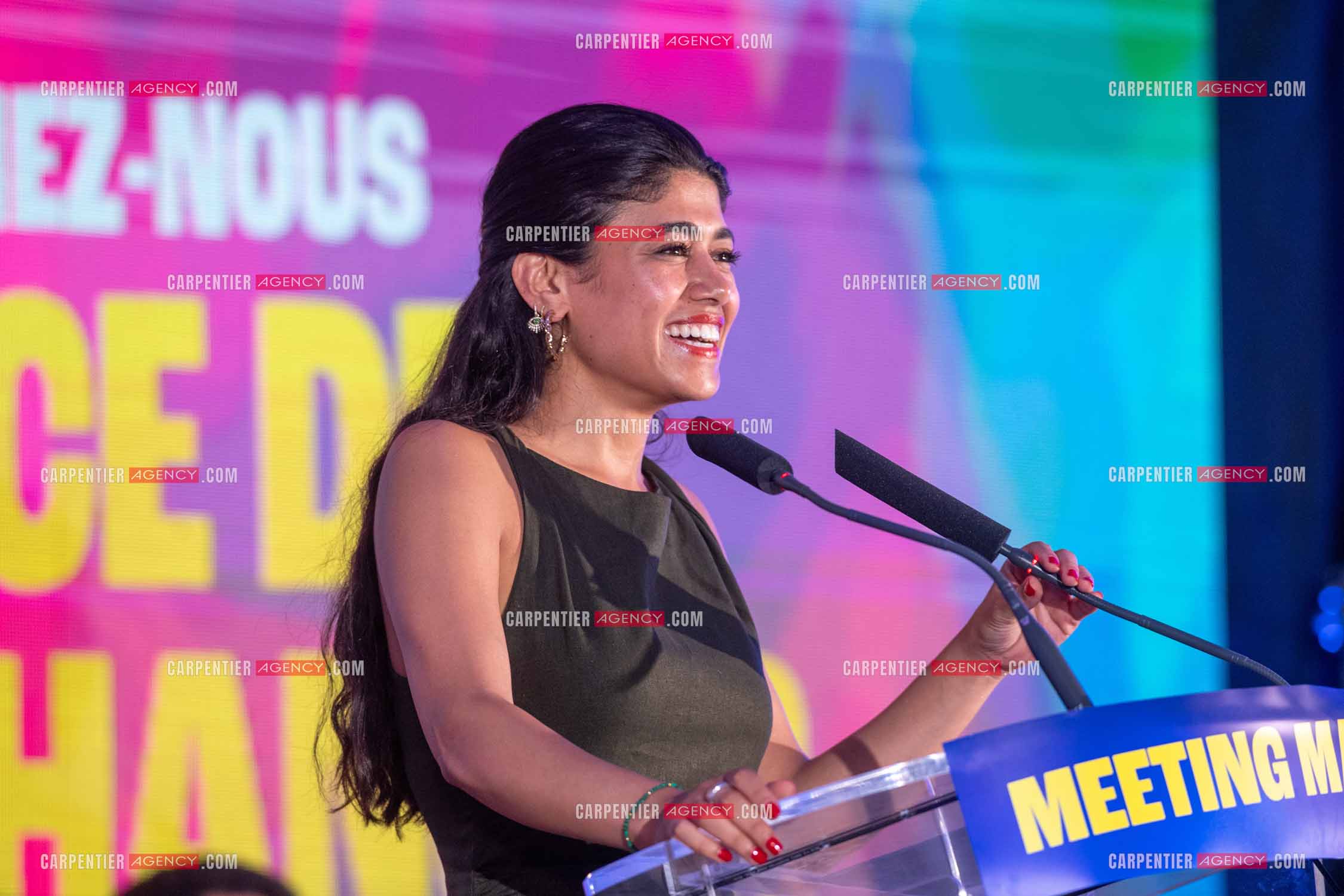 Meeting de l’Union populaire à Marseille le 23 mai 2024. La juriste française d'origine palestinienne Rima Hassan.