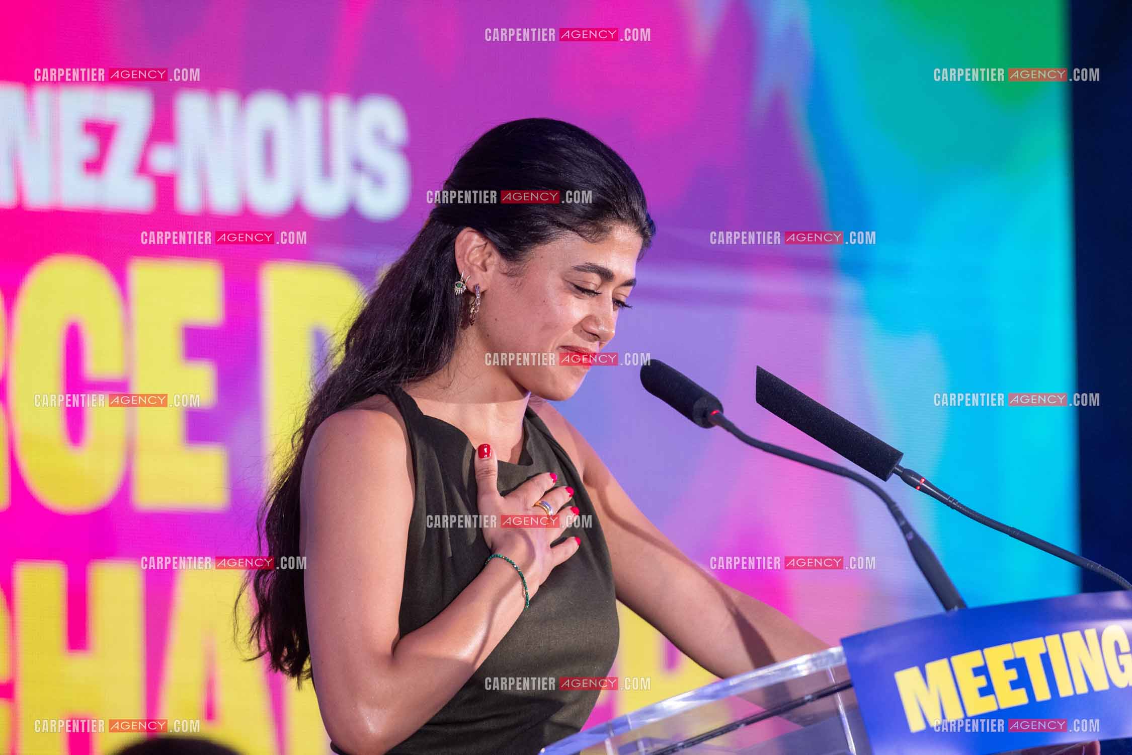 Meeting de l’Union populaire à Marseille le 23 mai 2024. La juriste française d'origine palestinienne Rima Hassan.