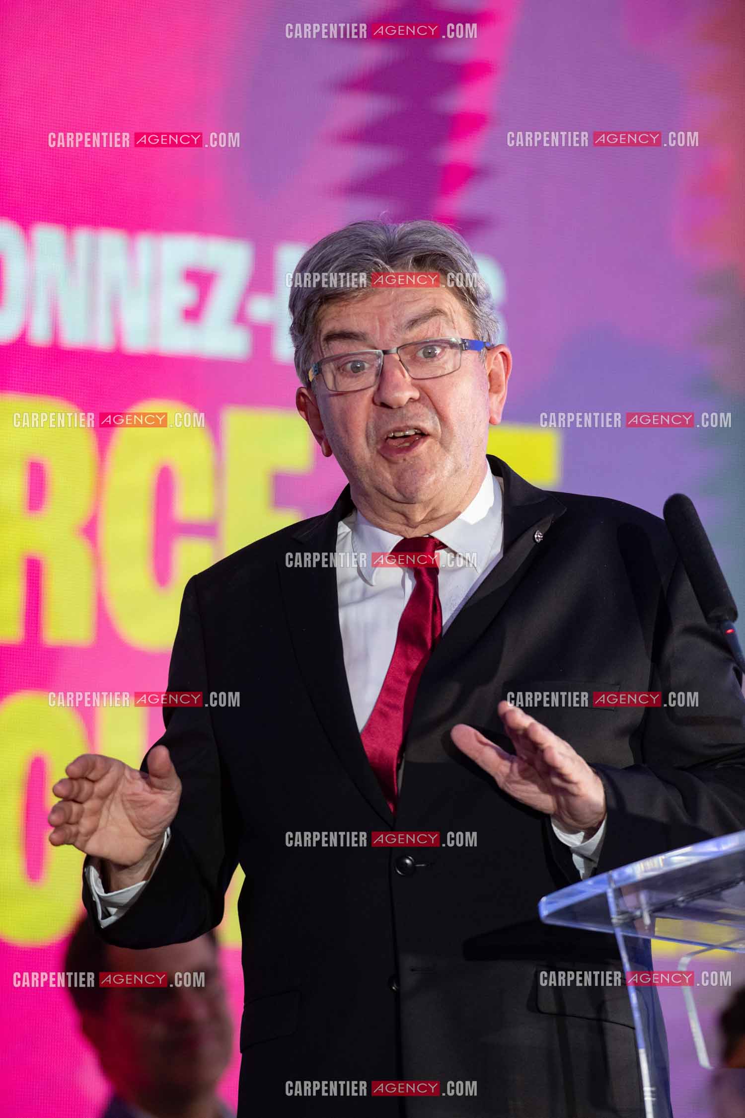 Meeting de l’Union populaire à Marseille le 23 mai 2024. Le député français Jean-Luc Mélenchon.