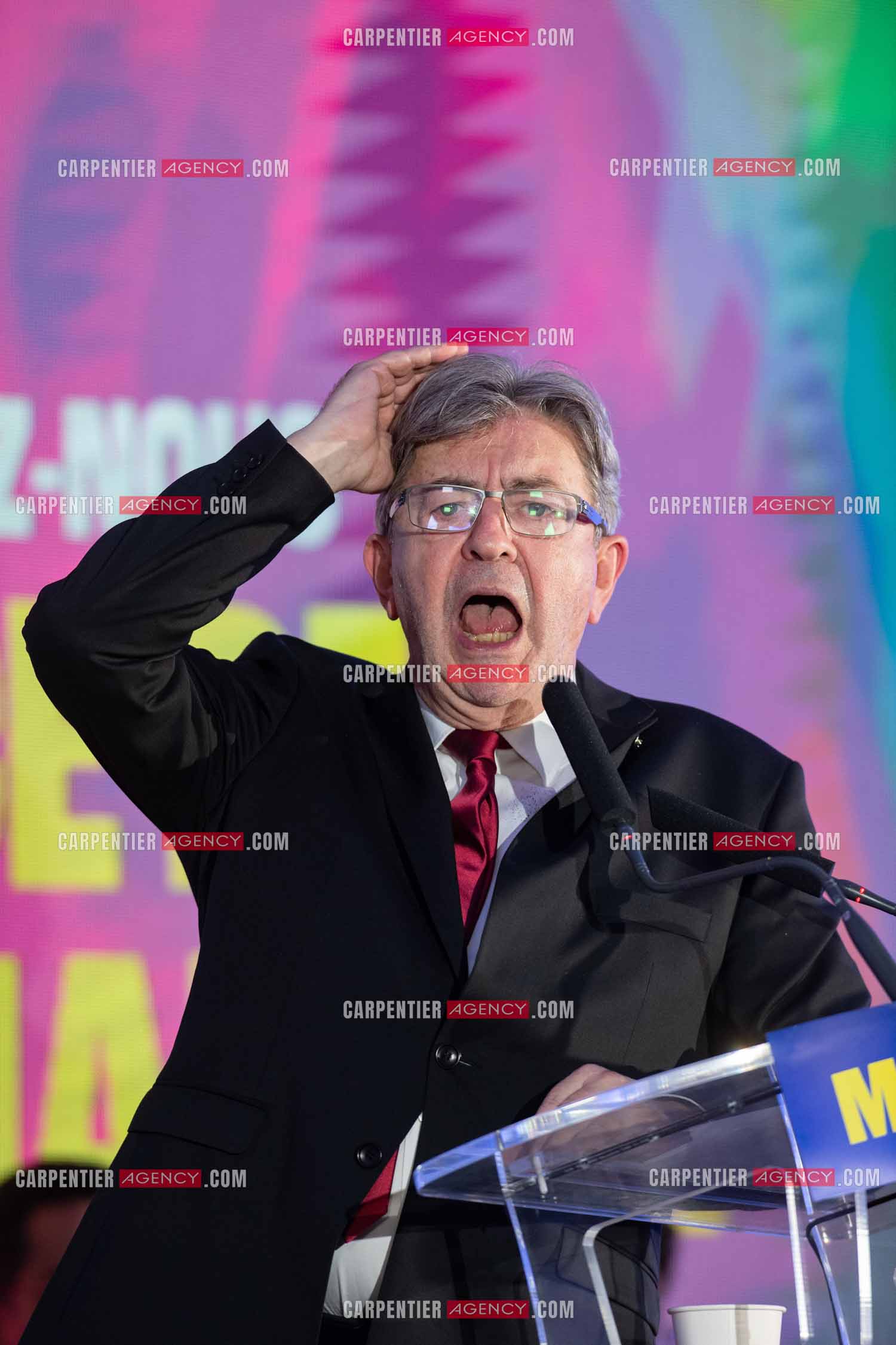 Meeting de l’Union populaire à Marseille le 23 mai 2024. Le député français Jean-Luc Mélenchon.