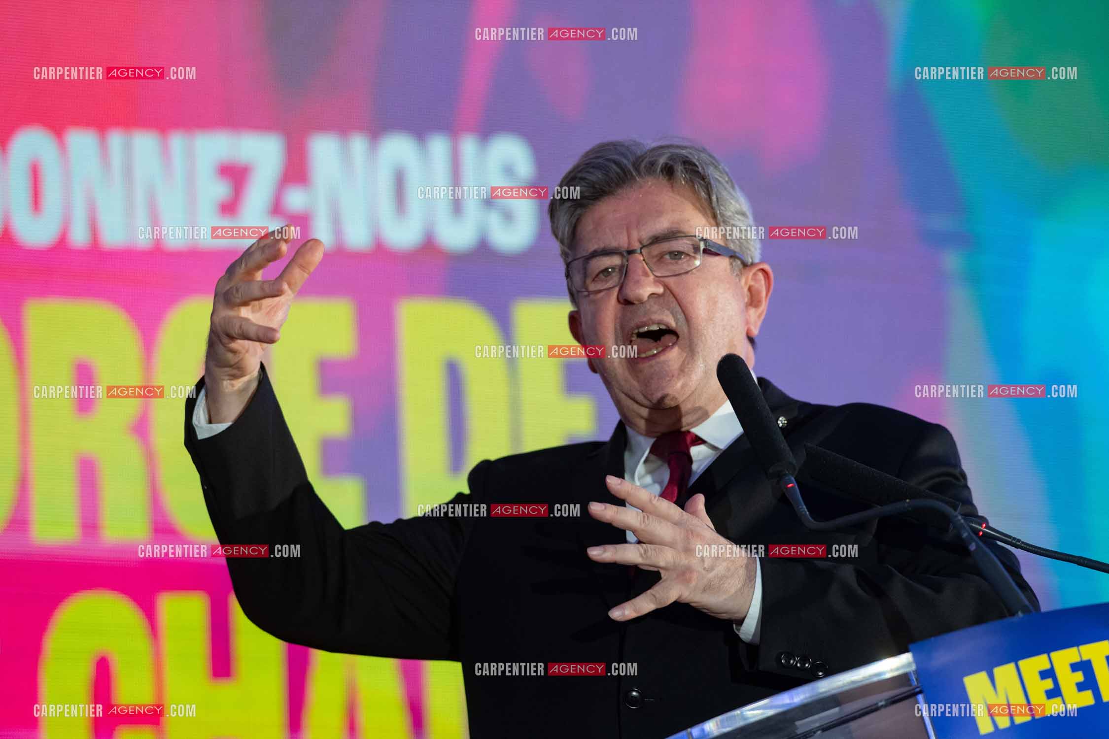 Meeting de l’Union populaire à Marseille le 23 mai 2024. Le député français Jean-Luc Mélenchon.