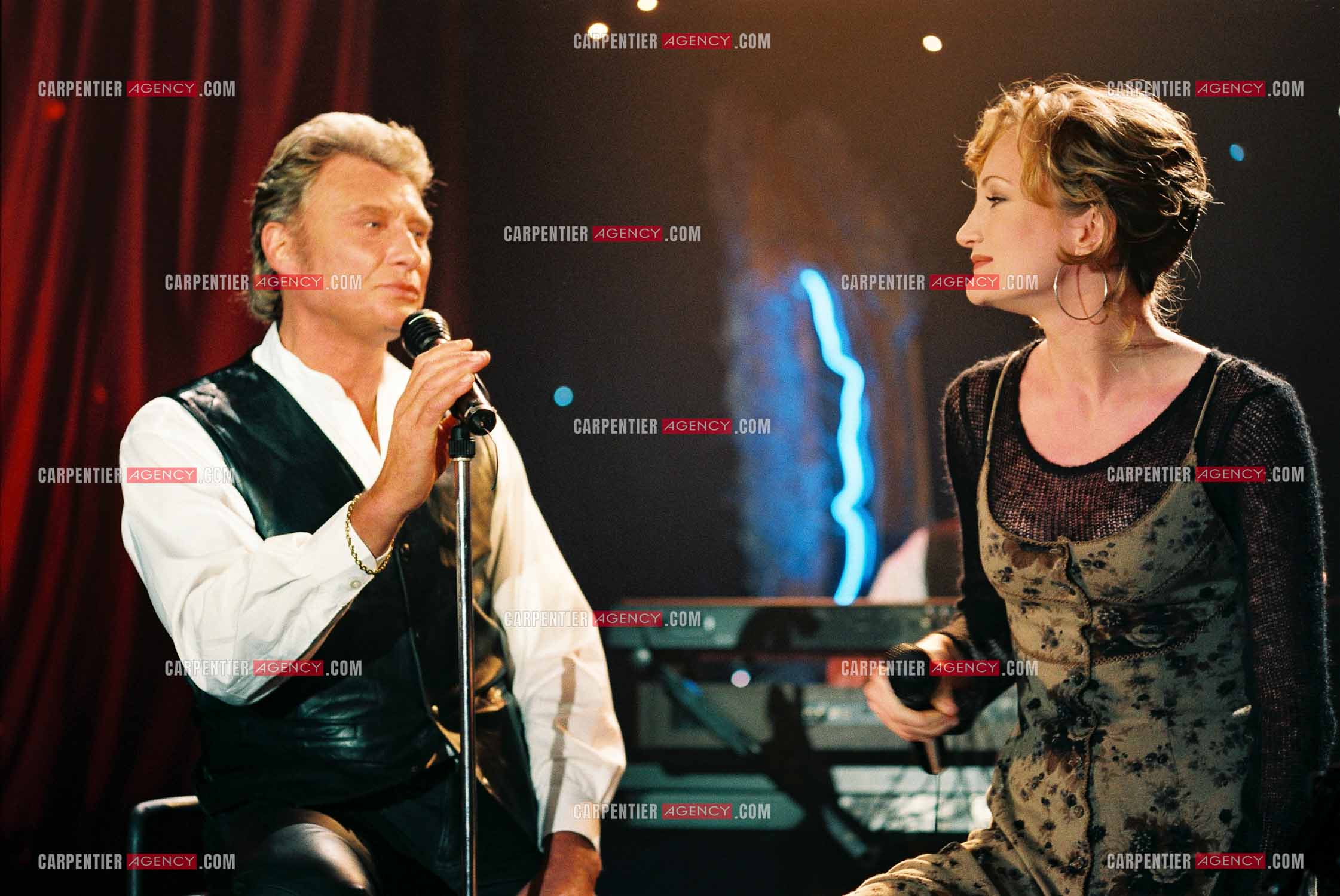Le chanteur Johnny Hallyday et la chanteuse Patricia Kaas lors de l'enregistrement de l'émission  “ Je te dis vous “ sur TF1.       ( Exclusif )