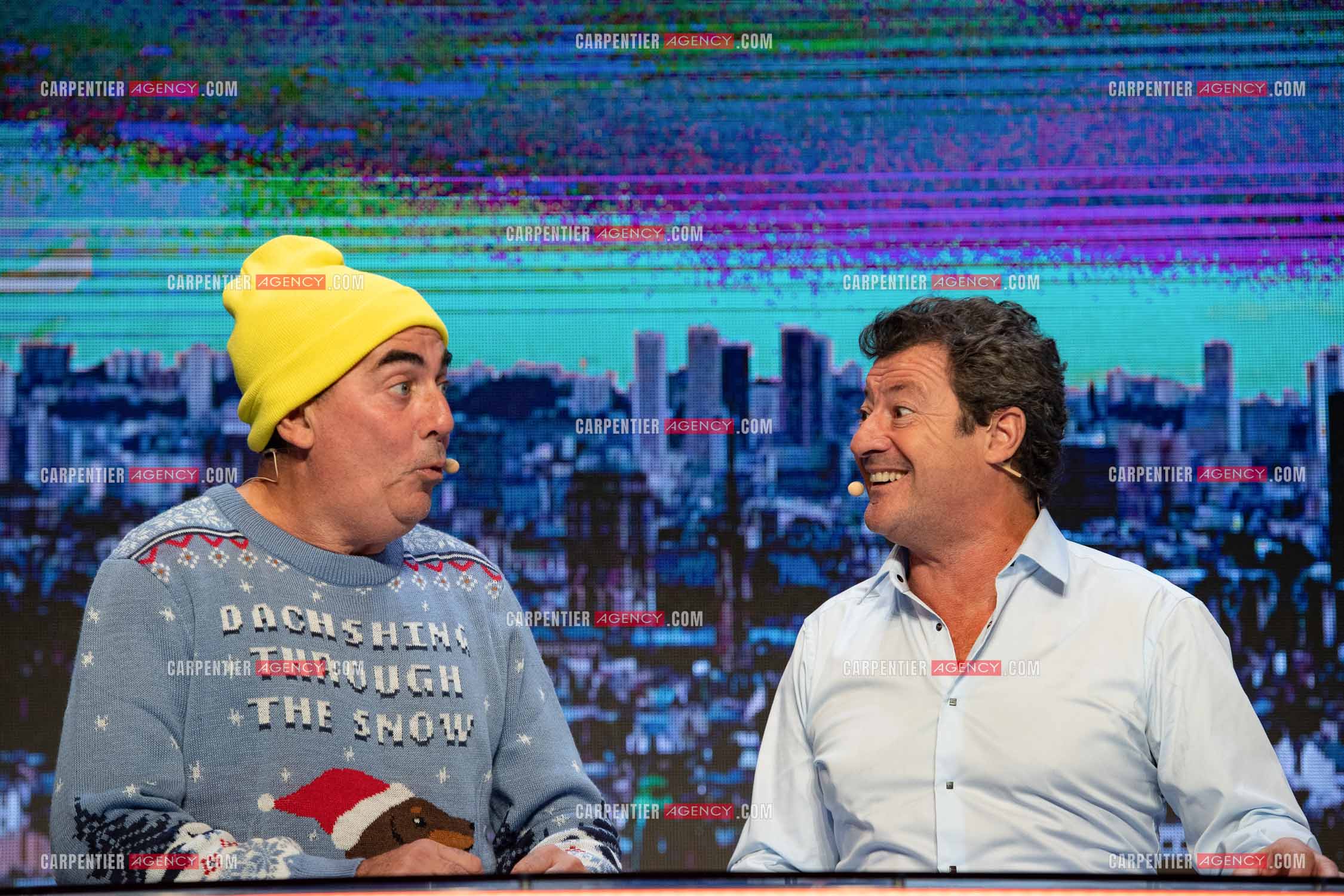 Eric Carrière et Francis Ginibré les deux humoristes Français formant le duo “Les Chevaliers Du Fiel“ au théâtre de Paris à Avignon.    ( Exclusif )