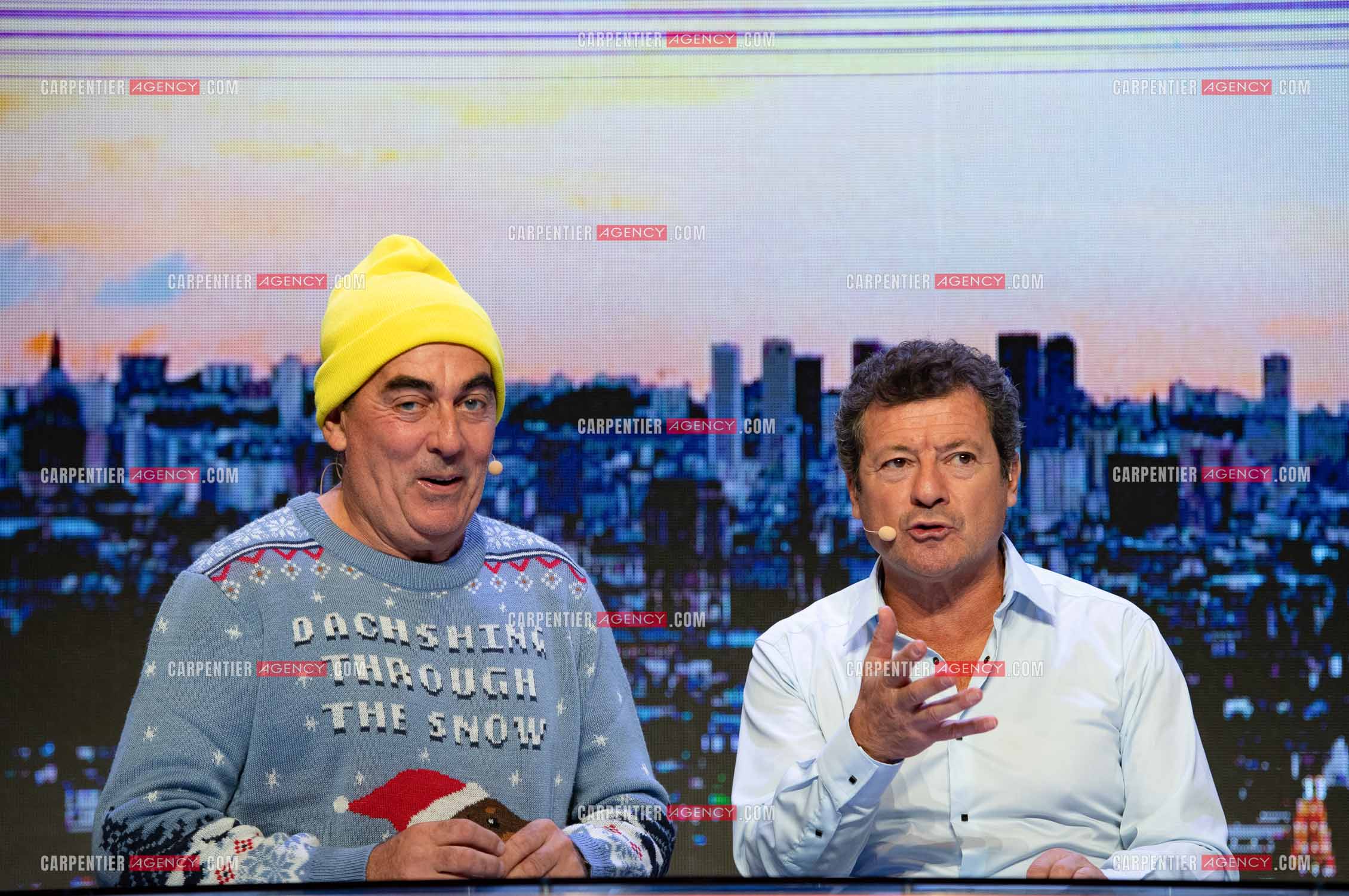 Eric Carrière et Francis Ginibré les deux humoristes Français formant le duo “Les Chevaliers Du Fiel“ au théâtre de Paris à Avignon.    ( Exclusif )