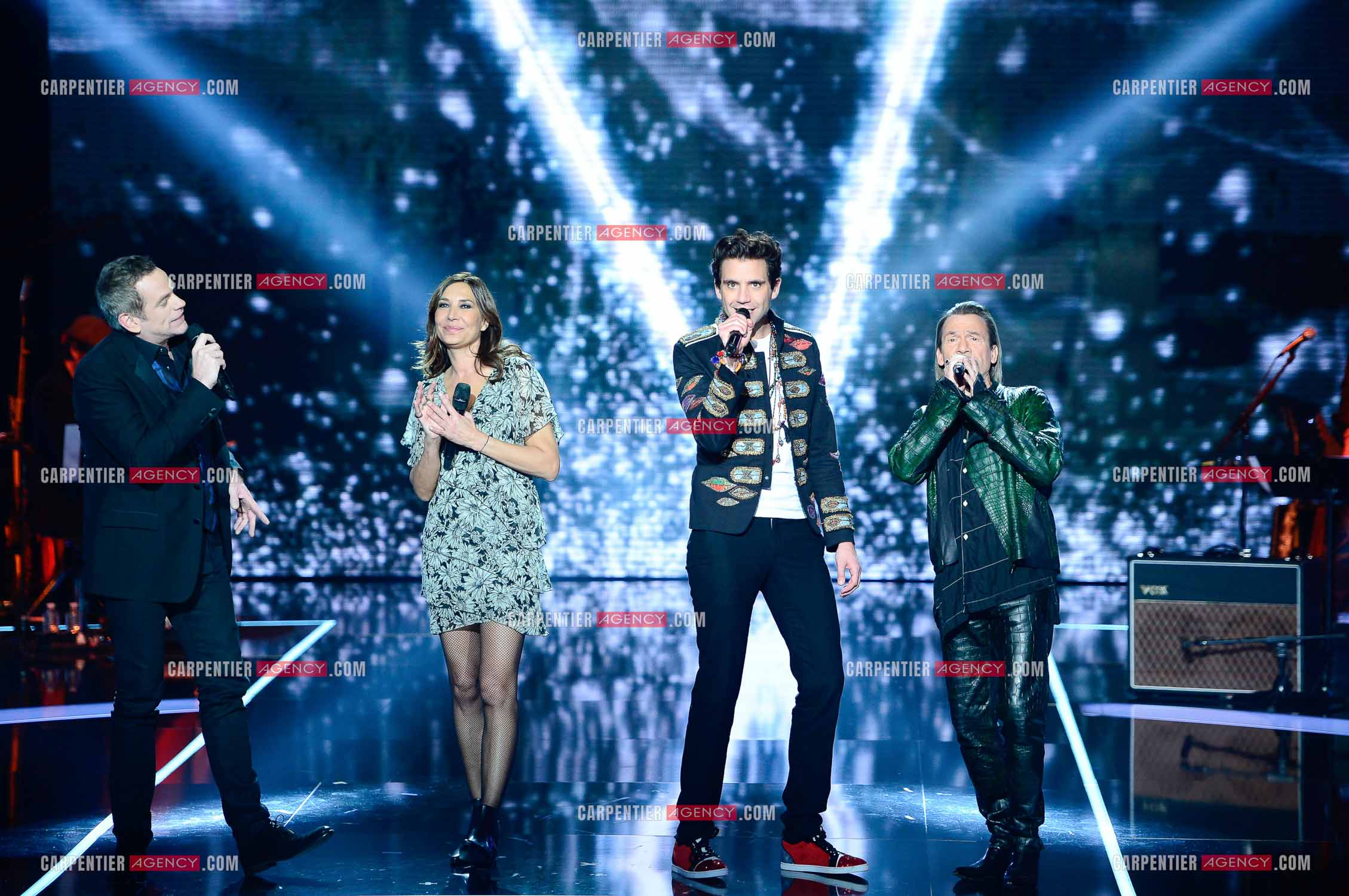 Saison 5 de l'émission The Voice en 2016. Les quatres coachs de cette saison, Garou, Zazie, Mika et Florent Pagny.                     ( Exclusif )