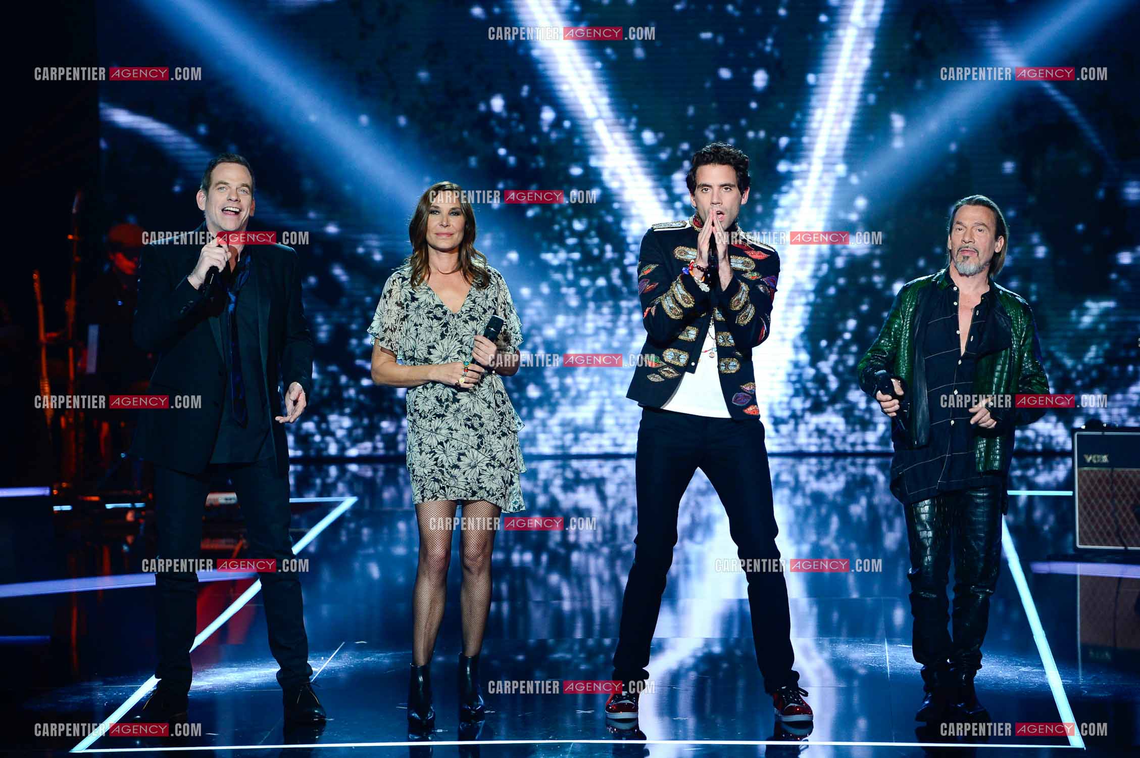 Les quatre coachs Garou, Zazie, Mika et Florent Pagny   sur le plateau de l'émission THE VOICE. ( Exclusif )