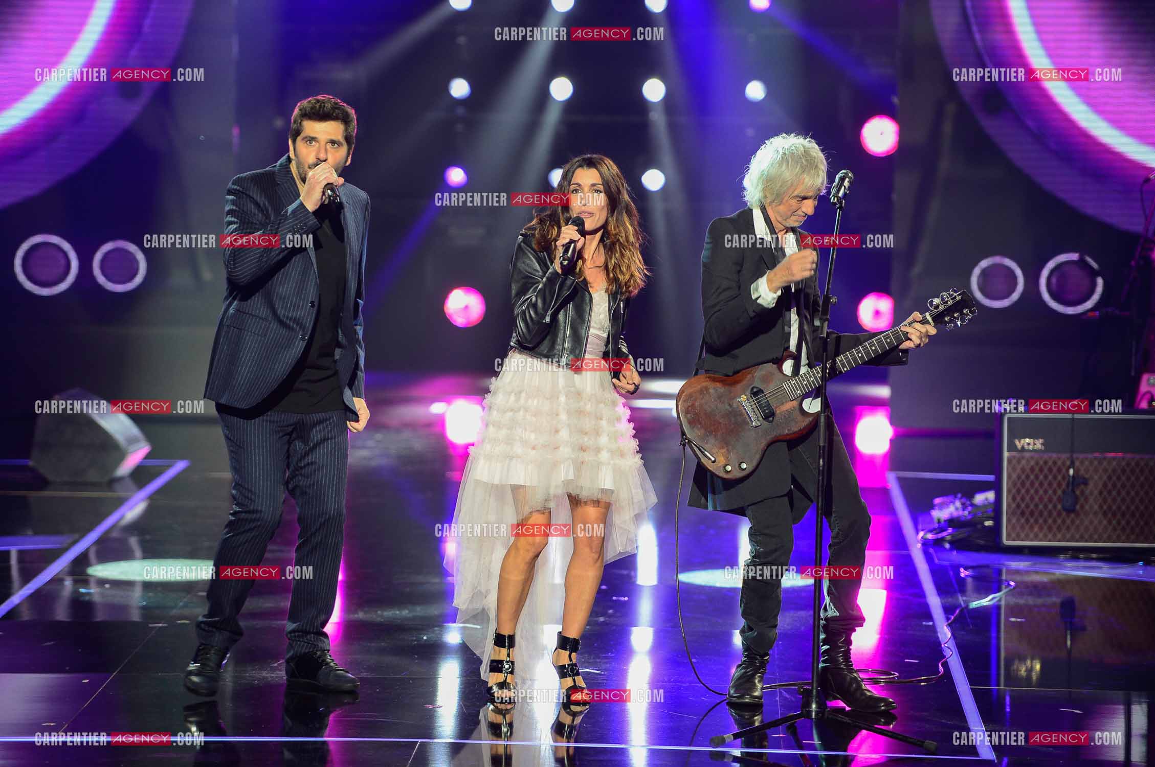 Saison 2 de The Voice Kids. Finale de la saison le 23 oct 2015. Les trois coachs, Patrick Fiori, Jenifer et Louis Bertignac.              ( Exclusif )