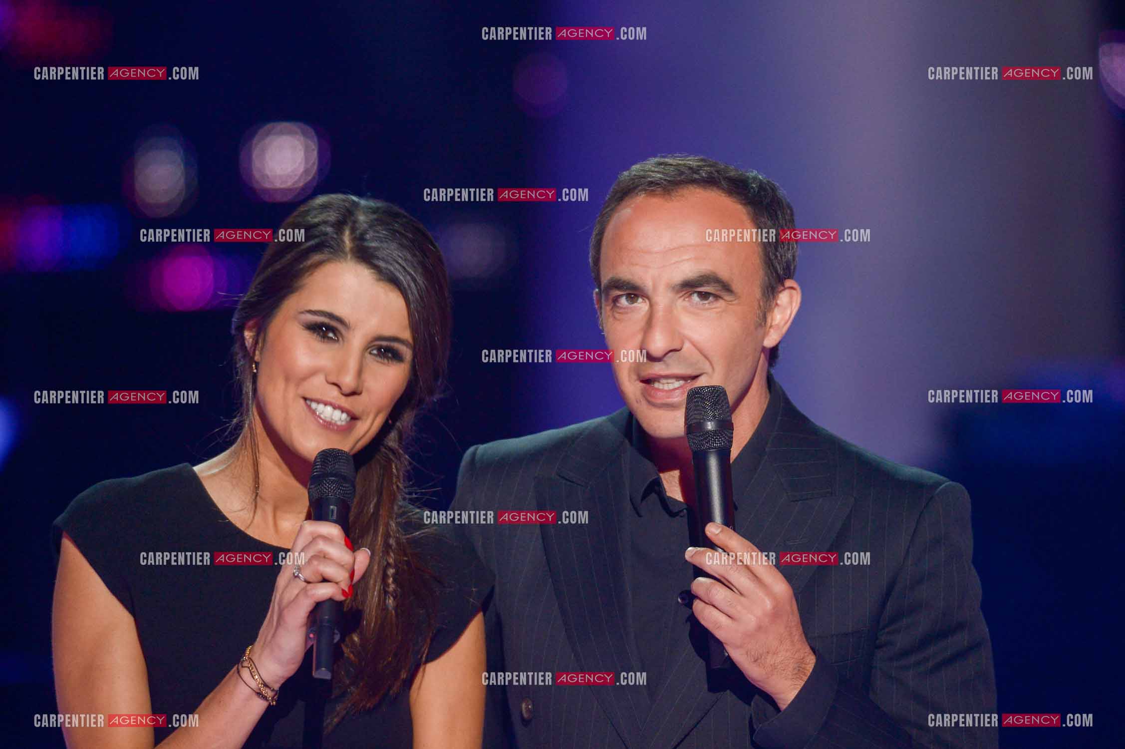 L'animateur Nikos Aliagas et sa partenaire Karine Ferri  lors de l'émission The Voice.     ( Exclusif )
