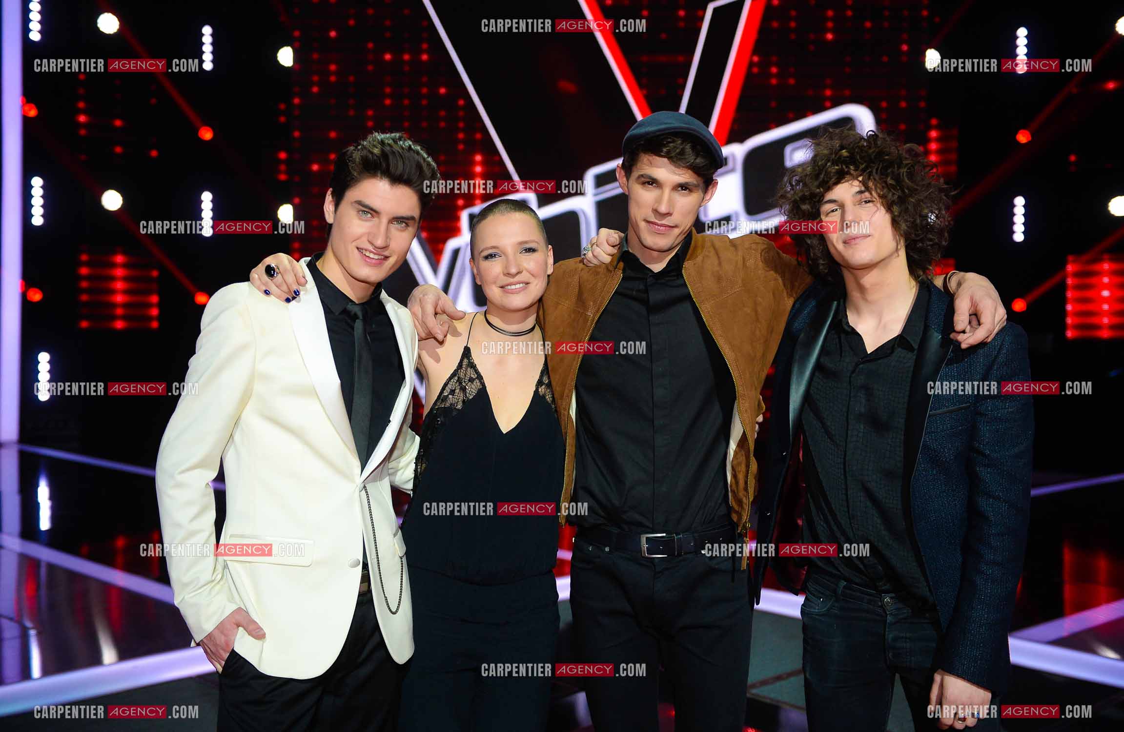 Saison 4 de l'émission The Voice en 2015. Les quatres finalistes de cette saison, David Thibault, Anne Sila, Lilian Renaud et Côme.         ( Exclusif )