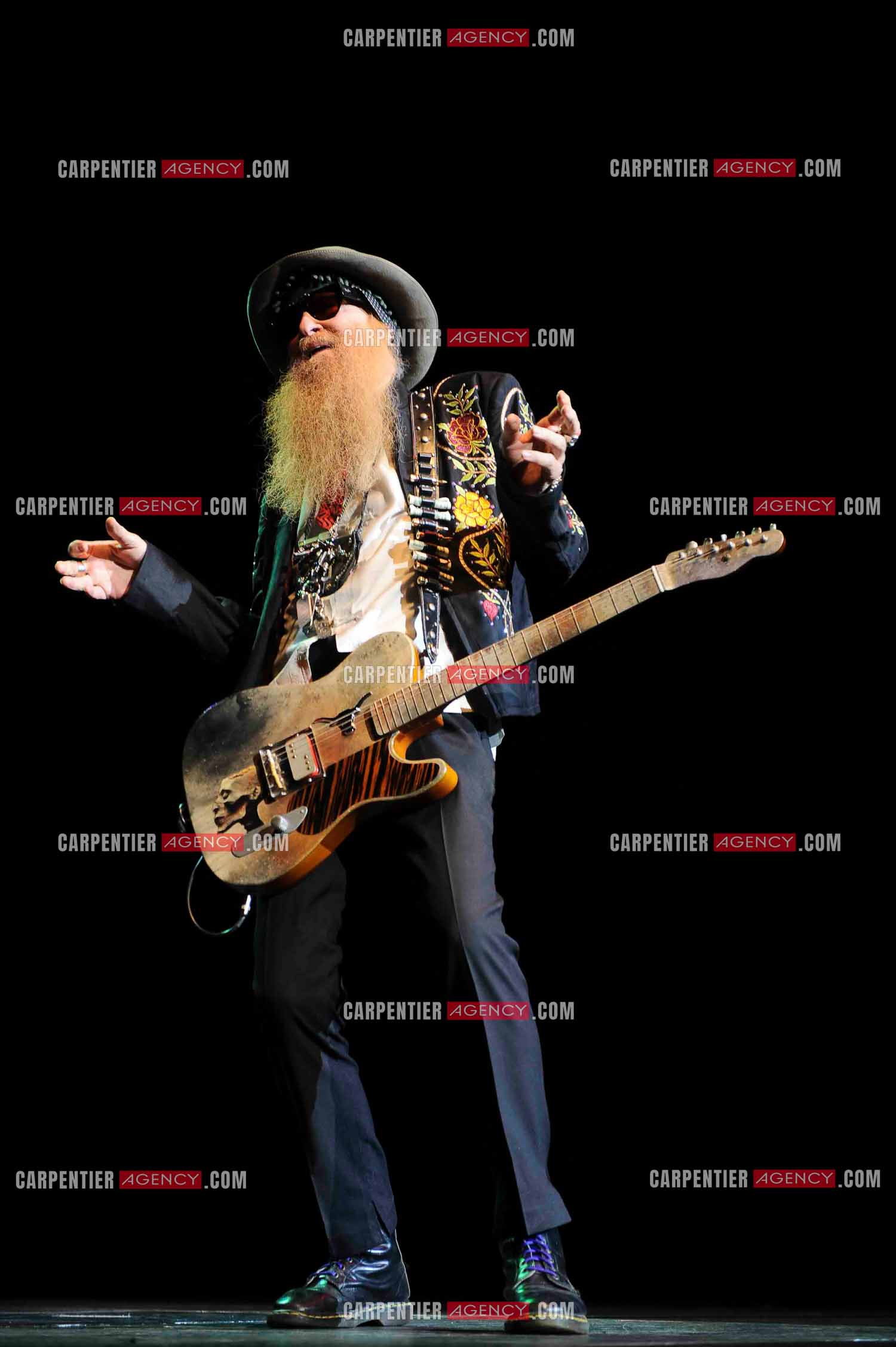 Le groupe de blues rock américain ZZ TOP composé de Dusty Hill et de Billy Gibbons en concert au Zénith de Paris en 2008.