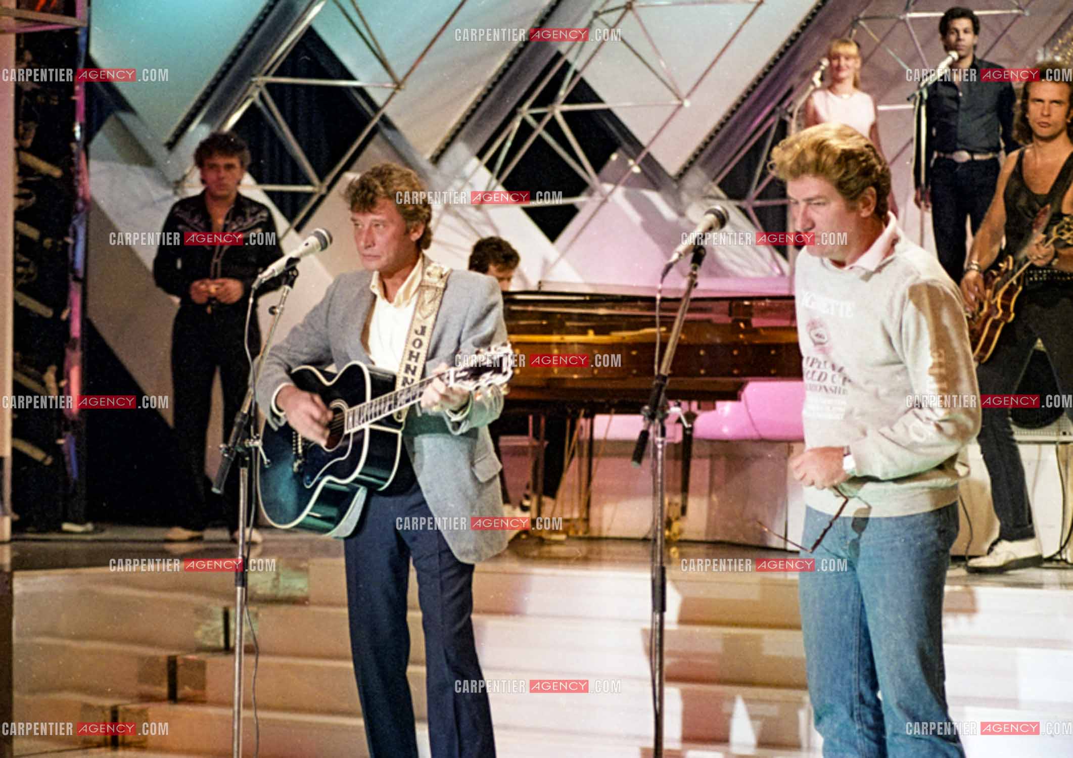 Enregistrement de l'émission “Champs Élysées“ avec Eddy Mitchell et Johnny Hallyday.  ( Exclusif )