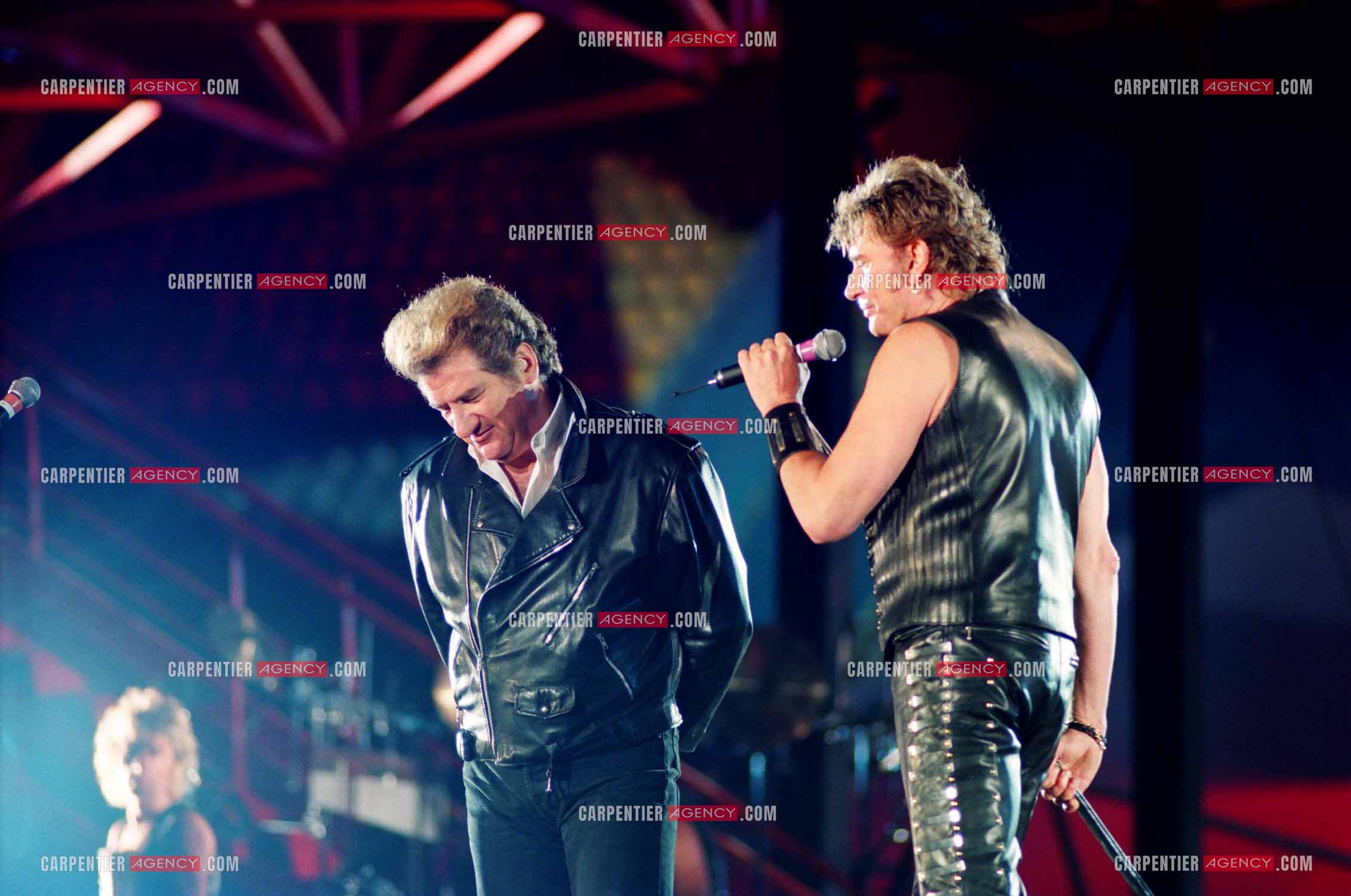 Le chanteur Johnny Hallyday et son ami Eddy Mitchell en concert au Parc des Princes en 1993.