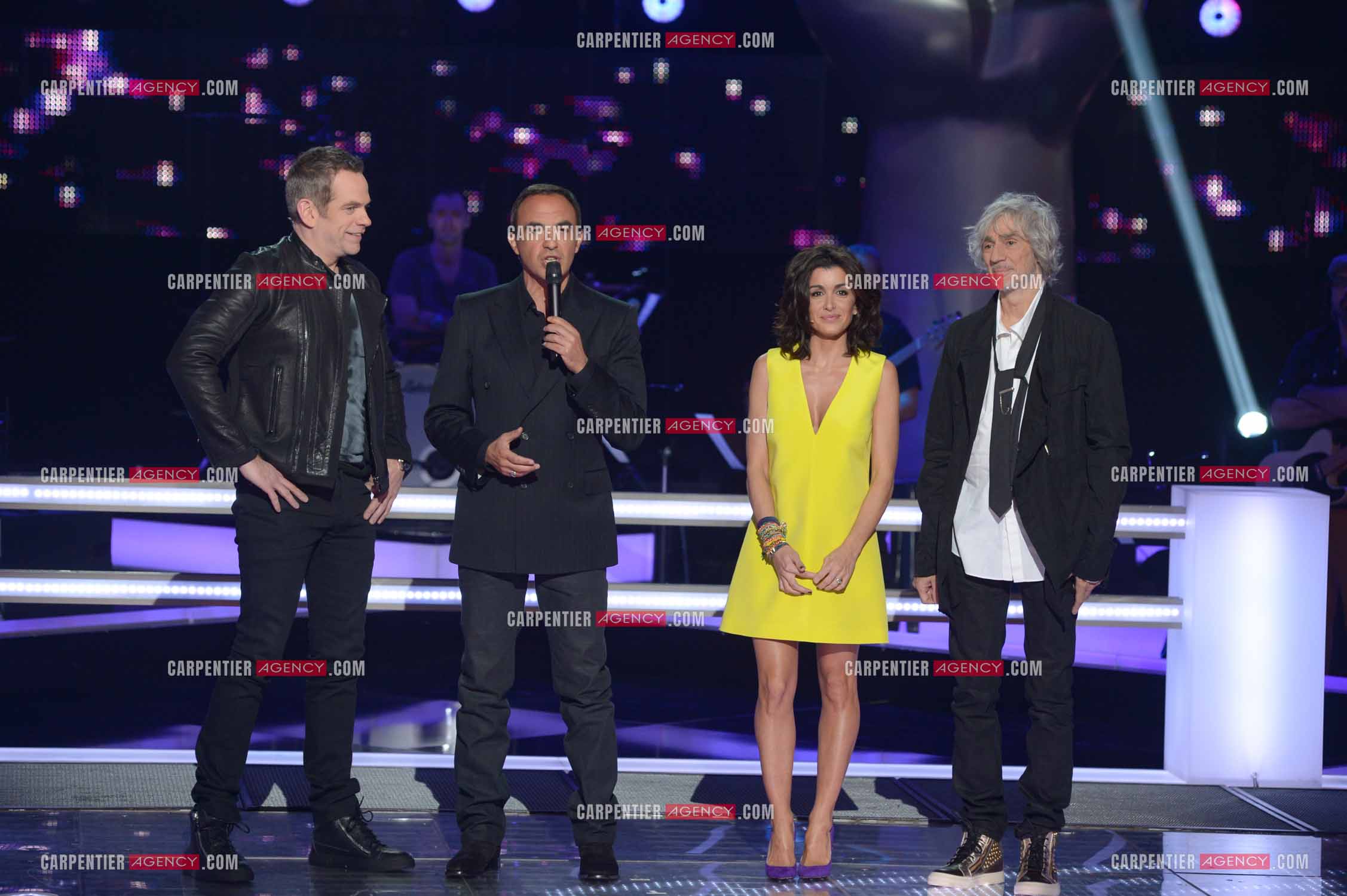 Enregistrement de la demie finale de The Voice Kids le 4 Janvier 2014. Autour de l'animateur Nikos Aliagas, les trois coatchs Garou, Jenifer et Louis Bertignac.  ( Exclusif )