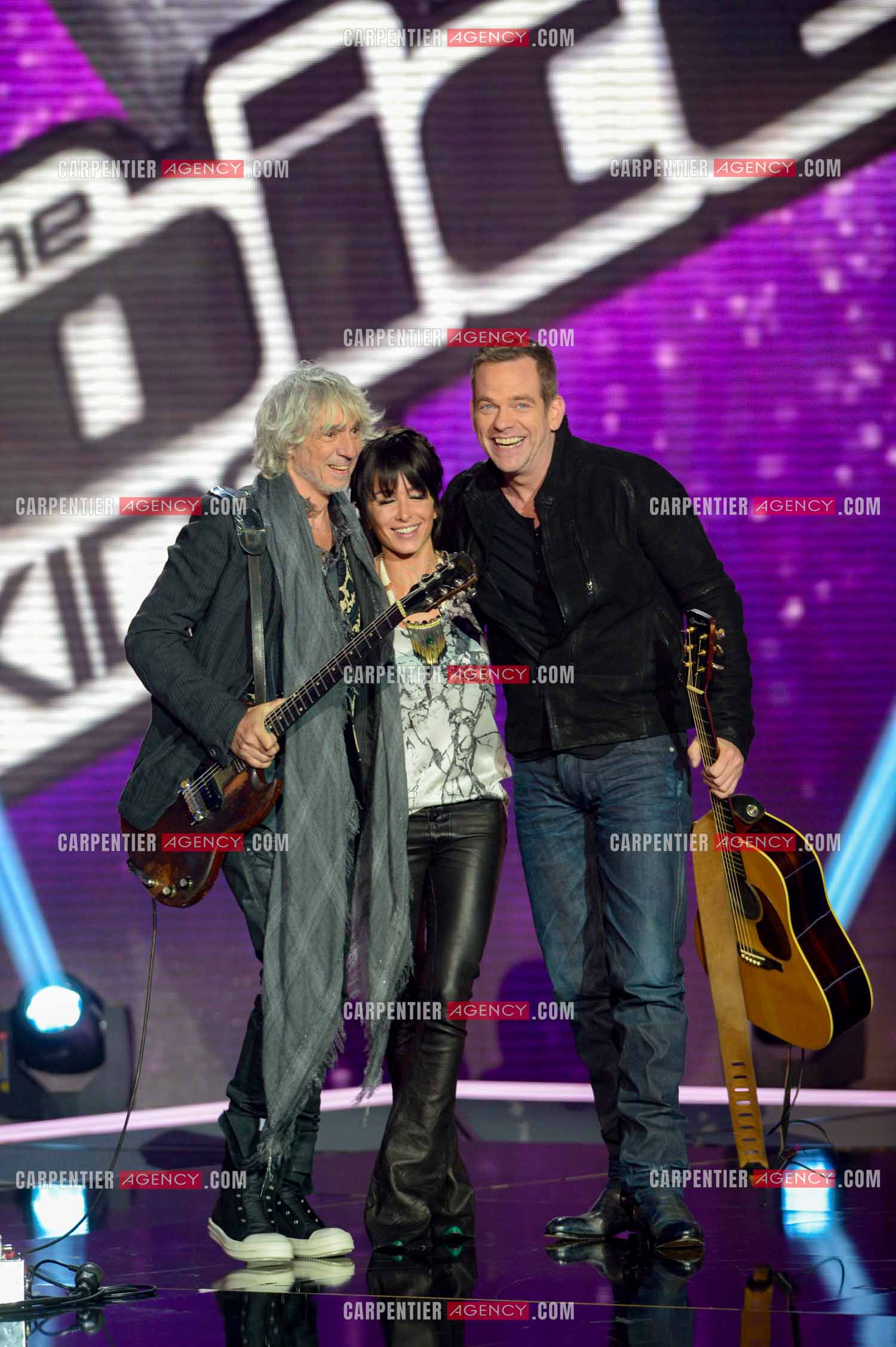 Les trois coachs de l'émission The Voice Kid's Jenifer Bartoli, Louis Bertignac et Garou.  ( Exclusif )