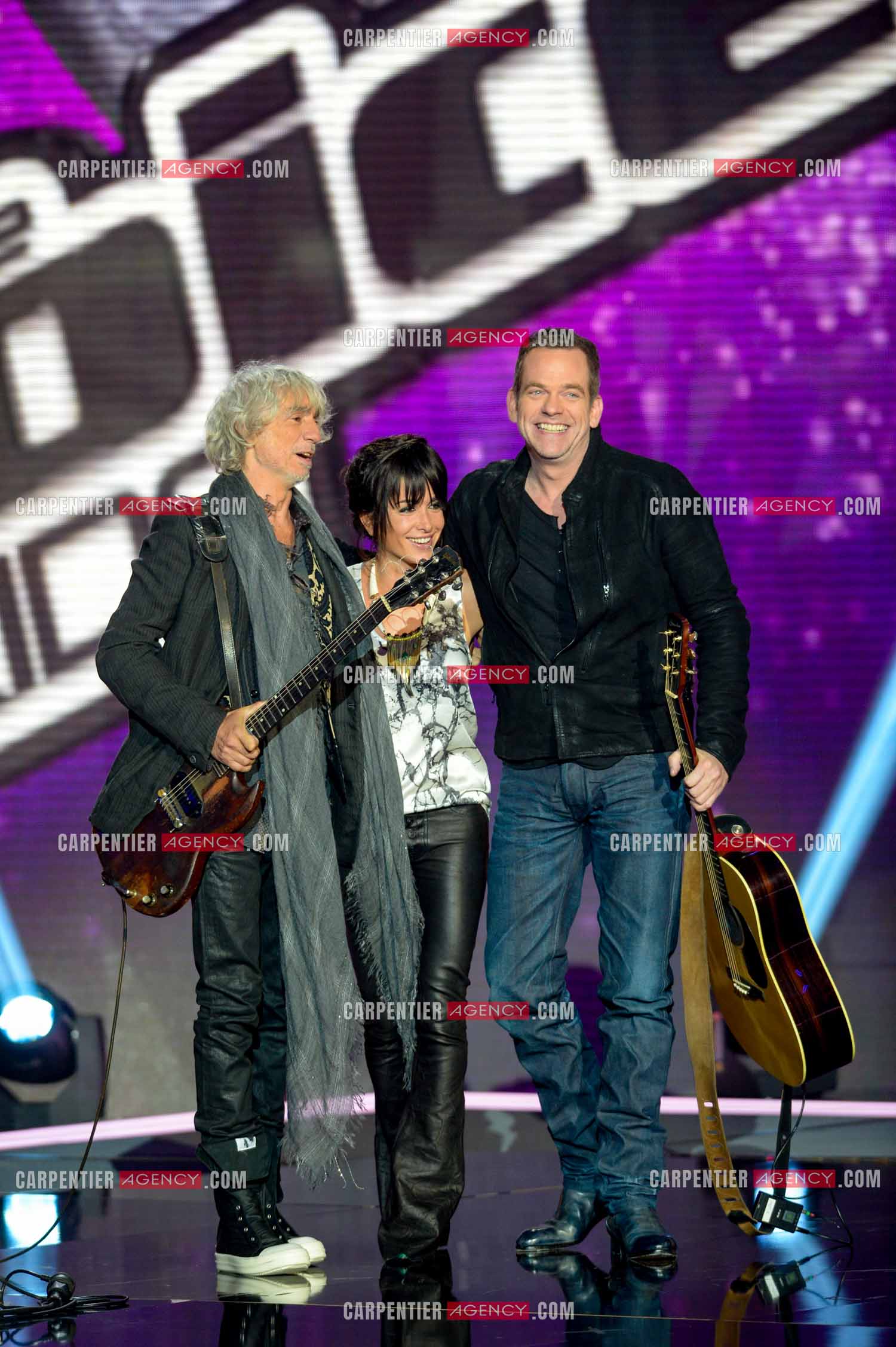 Les trois coachs de l'émission The Voice Kid's Jenifer Bartoli, Louis Bertignac et Garou.  ( Exclusif )