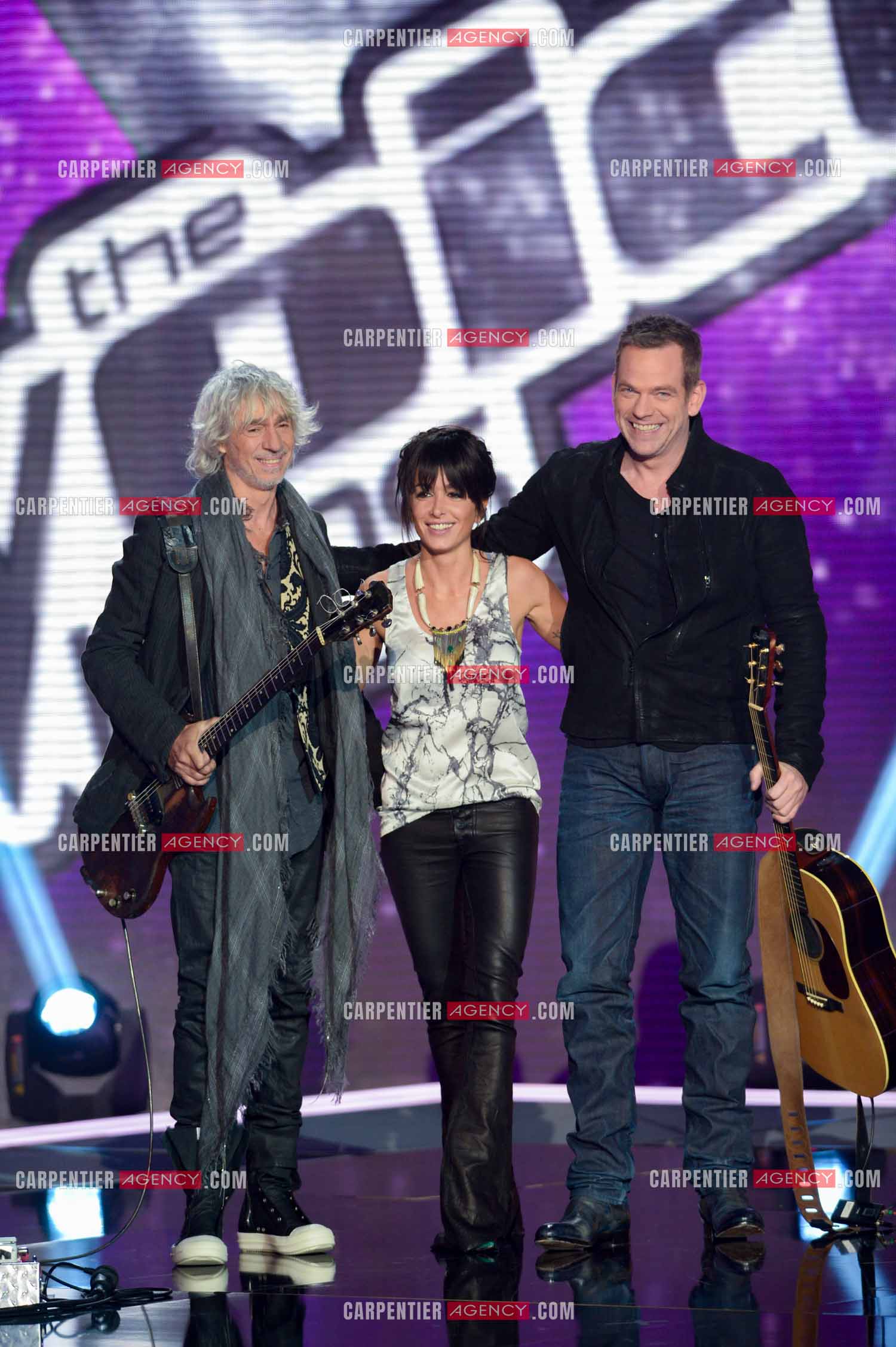 Les trois coachs de l'émission The Voice Kid's Jenifer Bartoli, Louis Bertignac et Garou.  ( Exclusif )