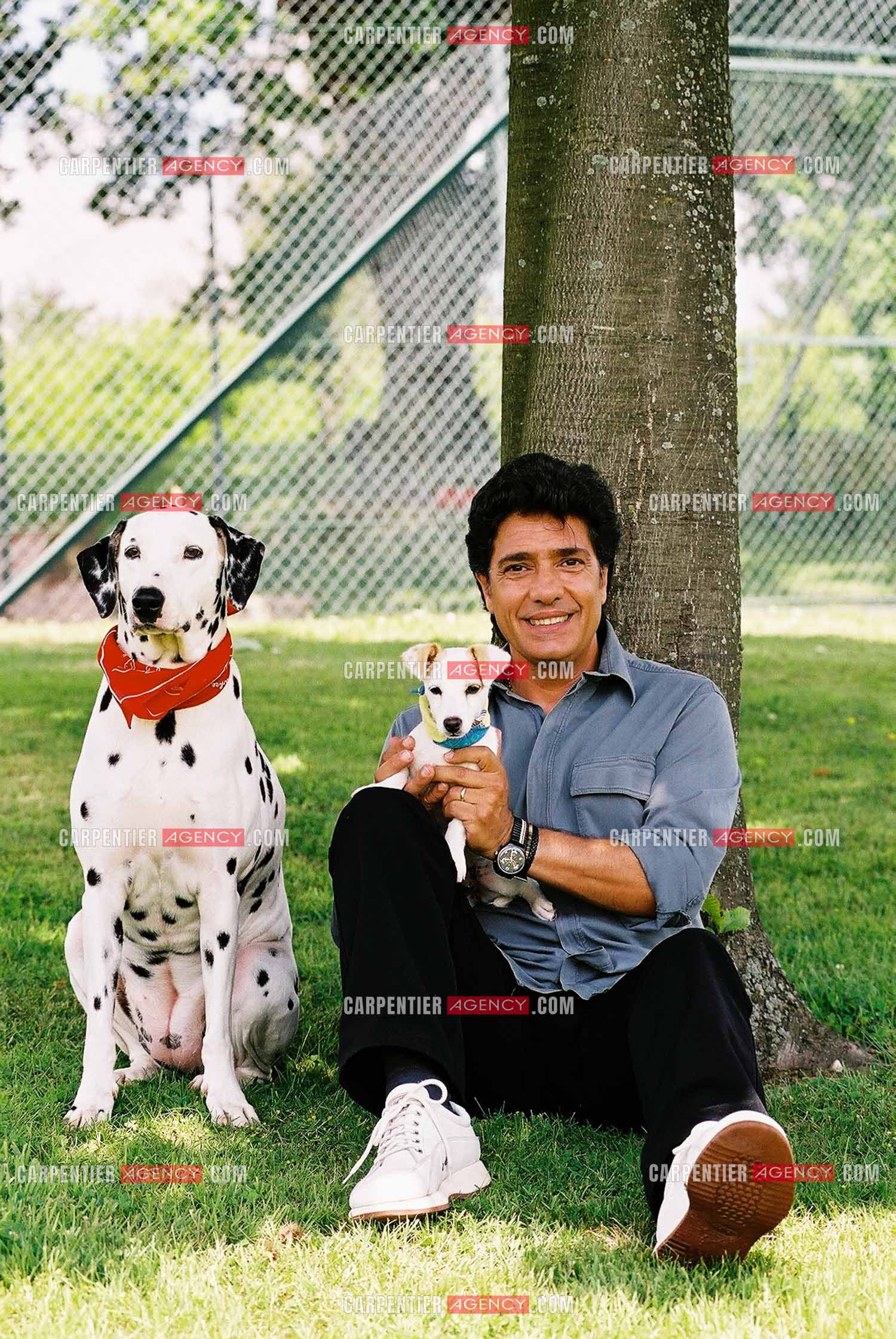 Le chanteur Frédéric François chez lui en Belgique avec ses deux chiens, une Dalmatienne nommée Lady et une chienne Jack Ressel nommée Bichette.  ( Exclusif )