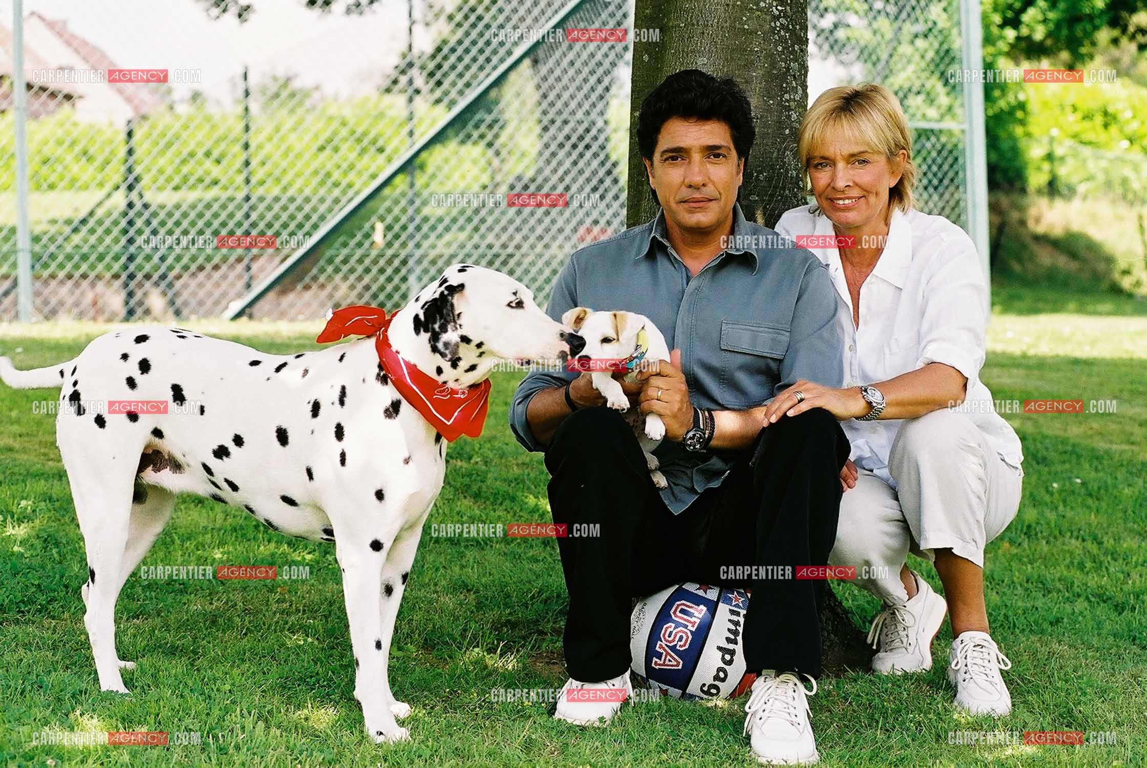 Le chanteur Frédéric François et sa femme Monique chez eux en Belgique avec leurs deux chiens, une Dalmatienne nommée Lady et une chienne Jack Ressel nommée Bichette.  ( Exclusif )