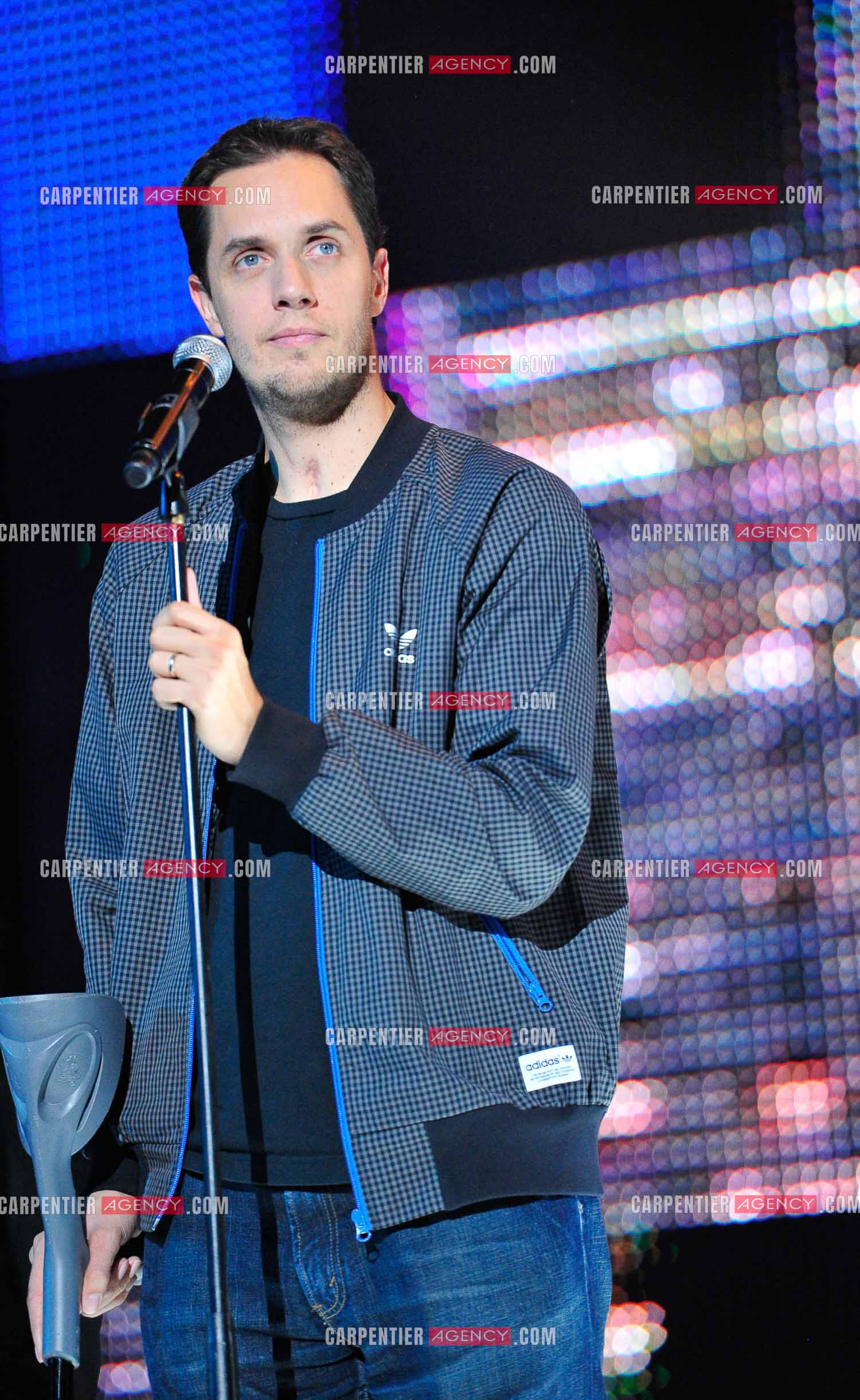 Le chanteur Fabien Marsaud dit Grand Corps Malade en concert au Zénith de Paris.