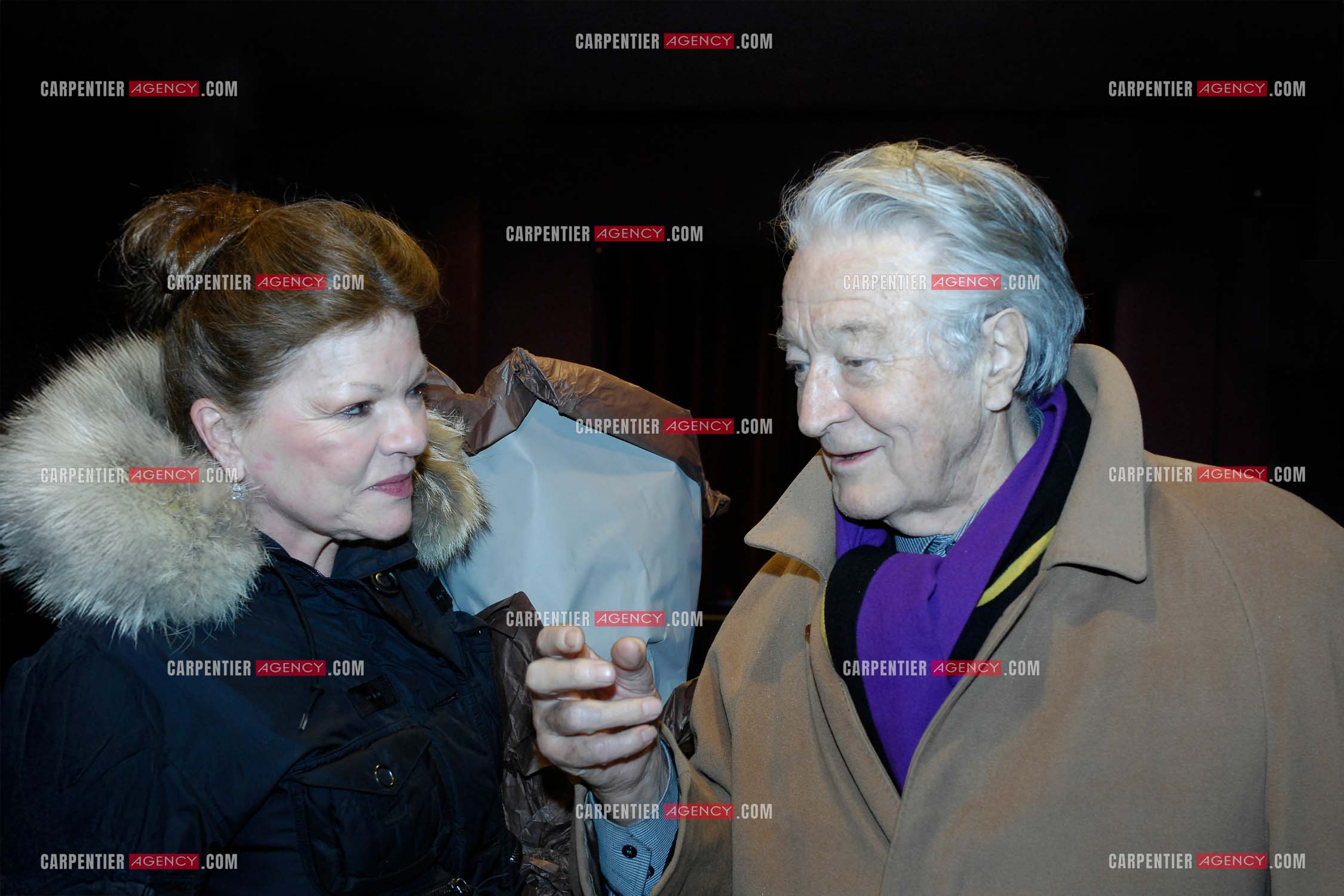 Générale de la pièce “ Les Demoiselles D'Avignon “ de Jaime Salom au théâtre Rive Gauche à Paris le 06 Février 2008. Dans les loges, l'actrice Catherine Allégret et le ministre Roland Dumas.   ( Exclusif )