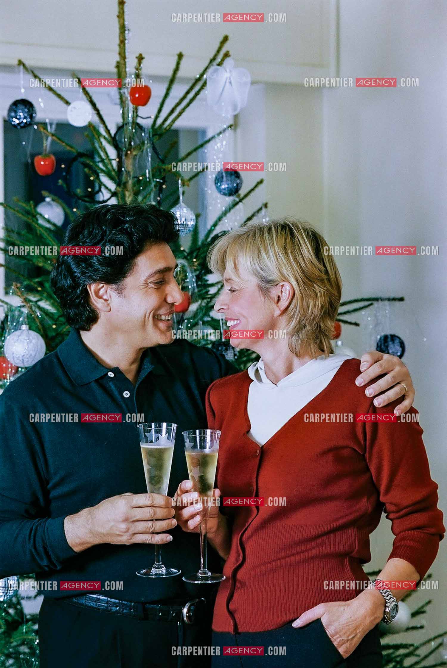 Le chanteur Frédéric François chez lui en Belgique se prépare à fêter Noël en famille autour du sapin. Frédéric et sa femme Monique trinquent pour annoncer les fêtes.  ( Exclusif )