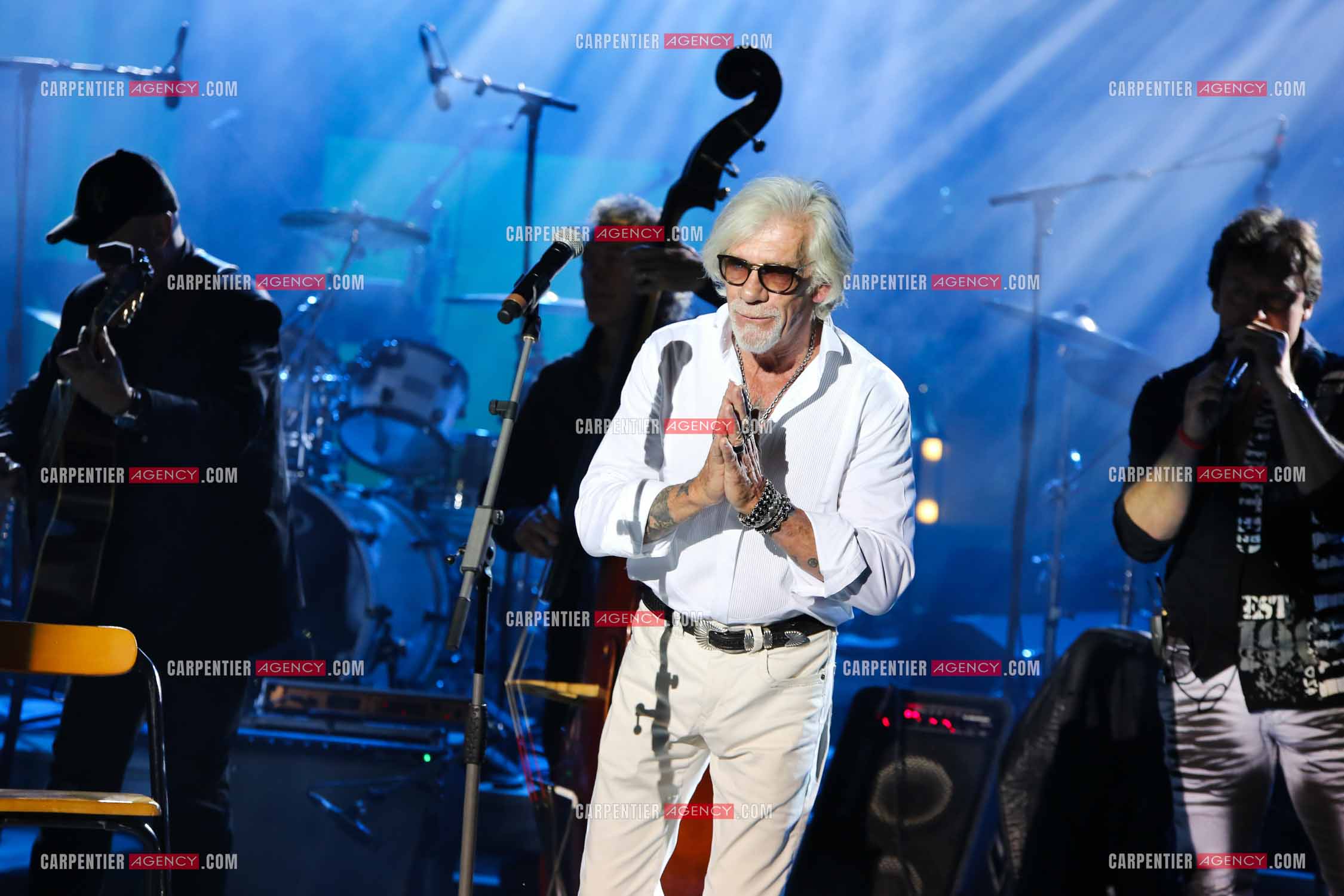 Concert hommage a Johnny Hallyday avec ses anciens musiciens au théâtre de verdure a Ramatuelle en 2018. Le chanteur Pierre Billon.  ( Exclusif )