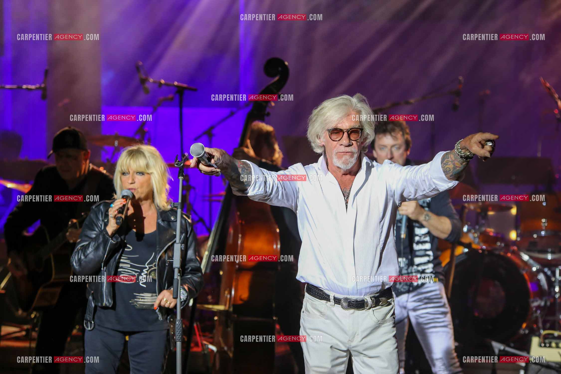 Concert hommage a Johnny Hallyday avec ses anciens musiciens au théâtre de verdure a Ramatuelle en 2018. Le chanteur Pierre Billon.  ( Exclusif )